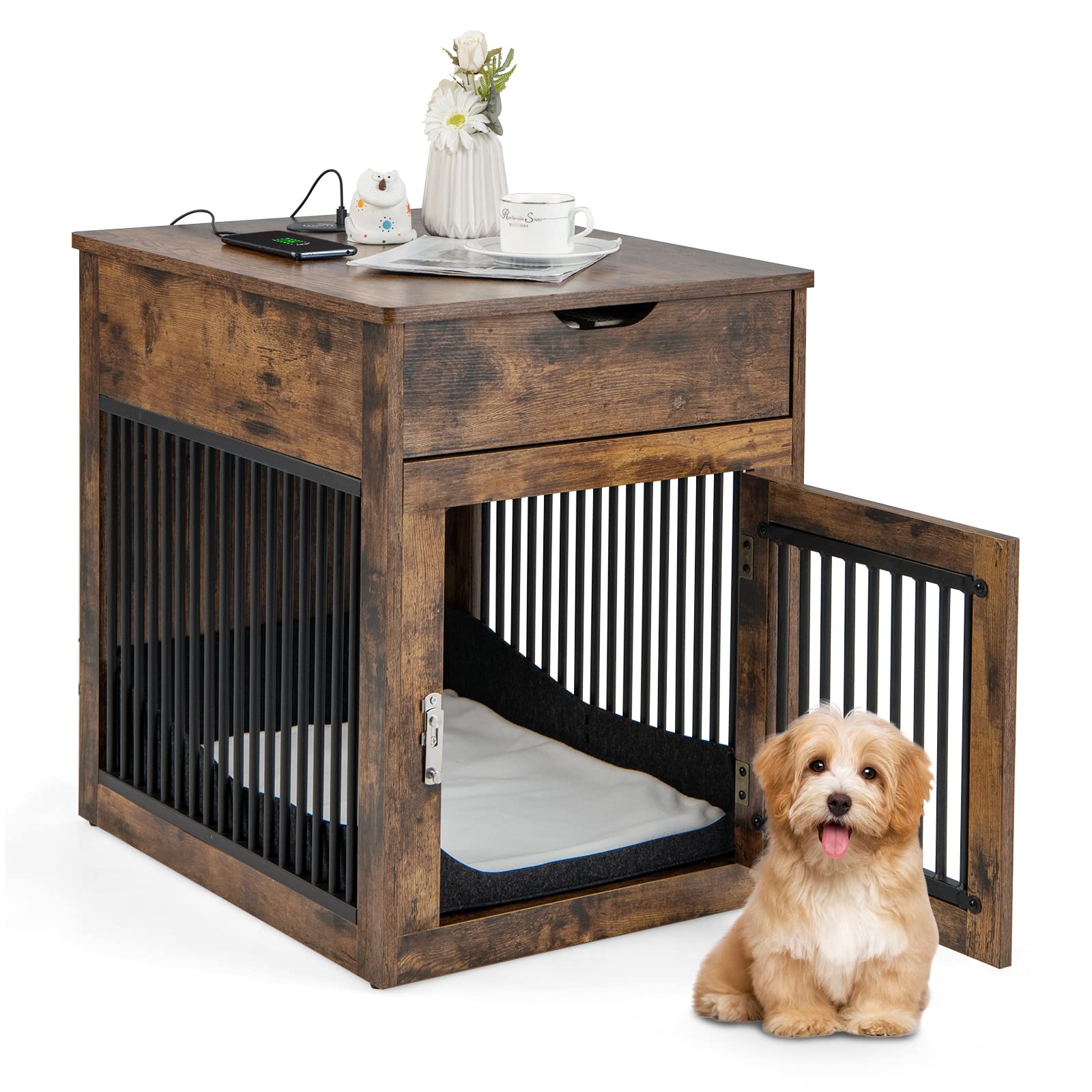PETSITE Decorative Dog Crate End Table - Rustic Brown Indoor Dog House with USB & Wireless Charging Station, Storage Drawer for Small Dogs | Perfect for Living Room, Bedroom & Home Office Pet Furniture
