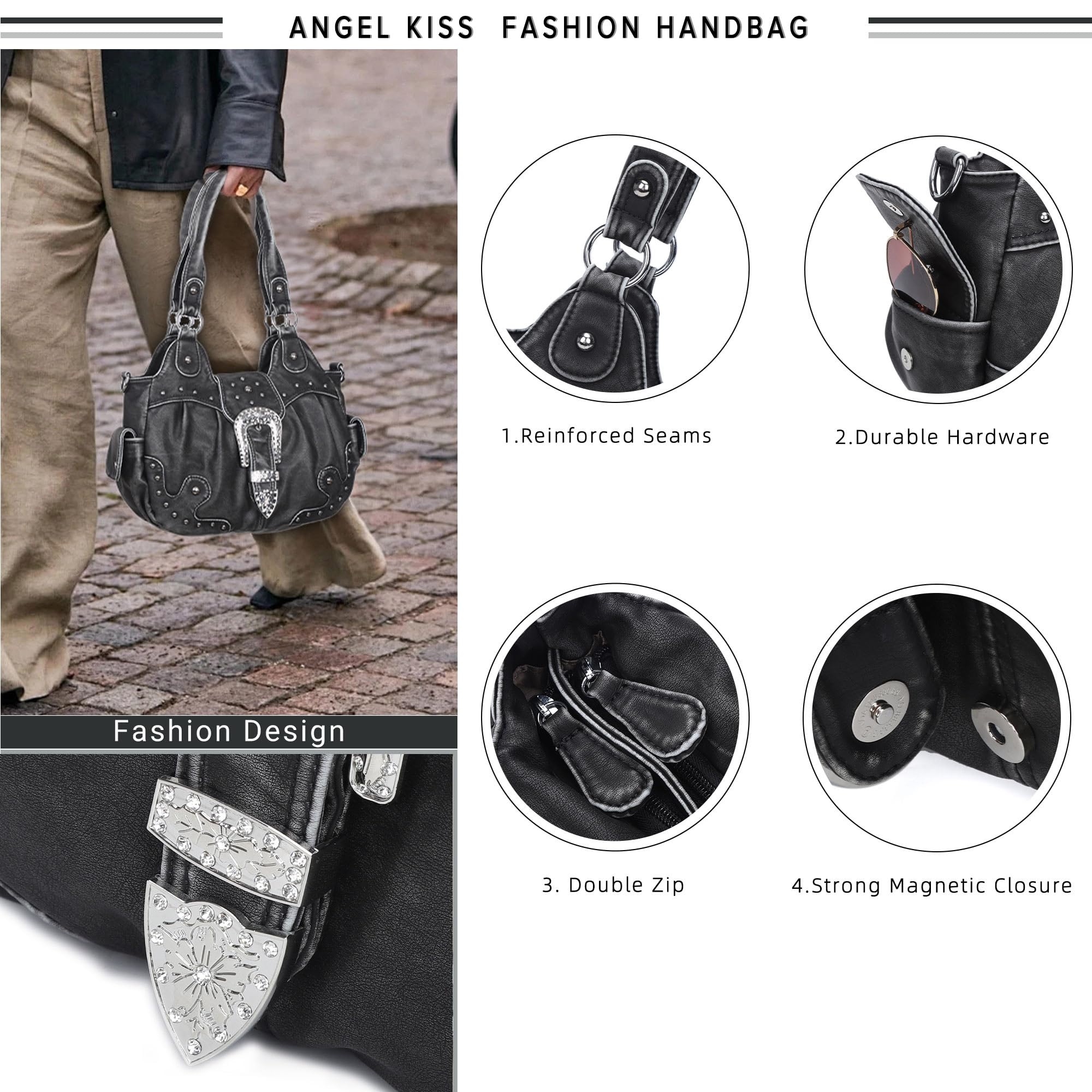 Angel Kiss Vegan Leather Hobo Bags for Women - Stylish Shoulder & Crossbody Handbags with Metal Studs | Perfect for Work, Travel & Everyday Use