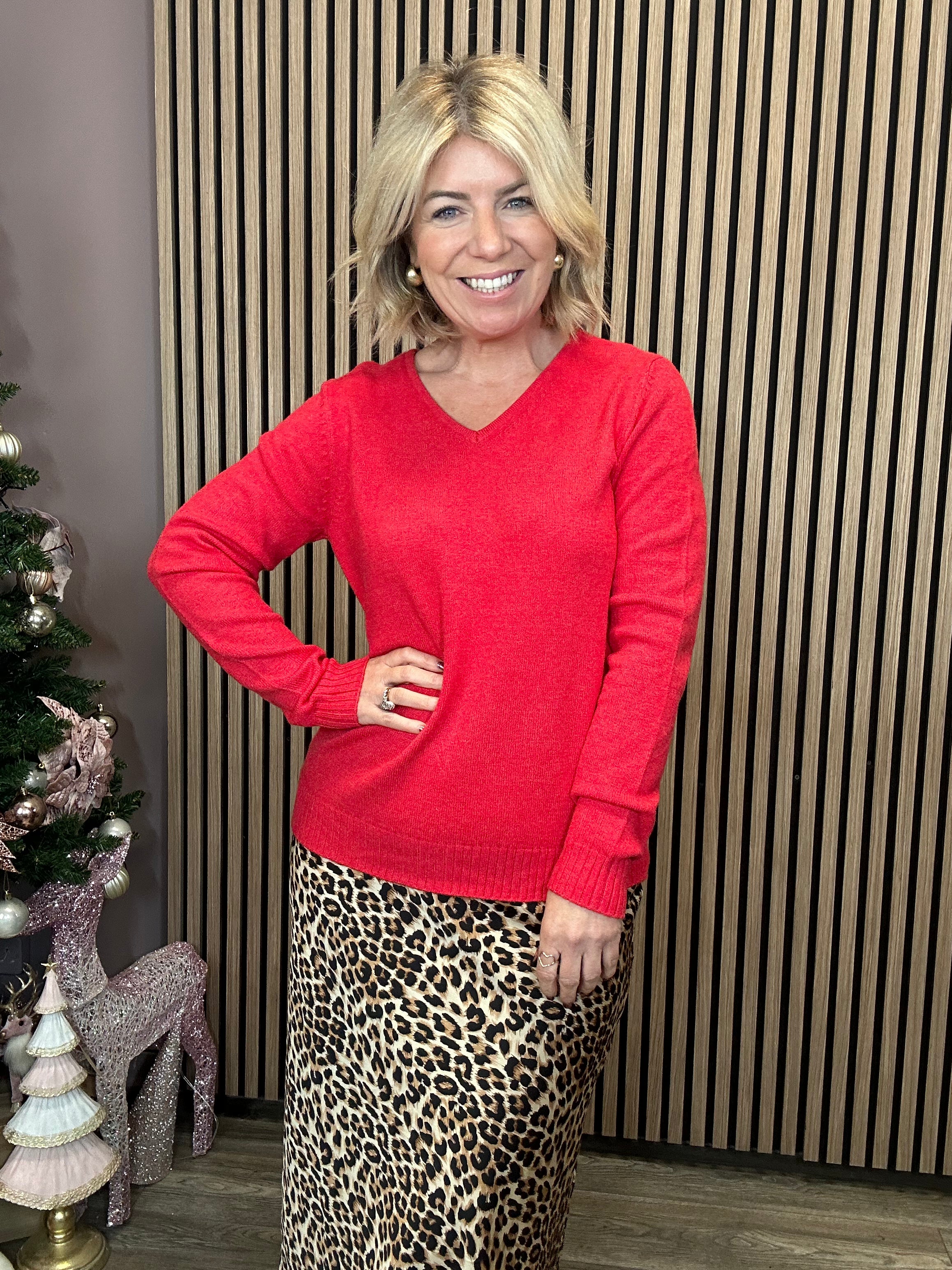 Miela V Neck Jumper Women's Knit Sweater - Barbados Cherry/Melange Color - Cozy Fall Winter Pullover for Casual Outfits & Office Wear