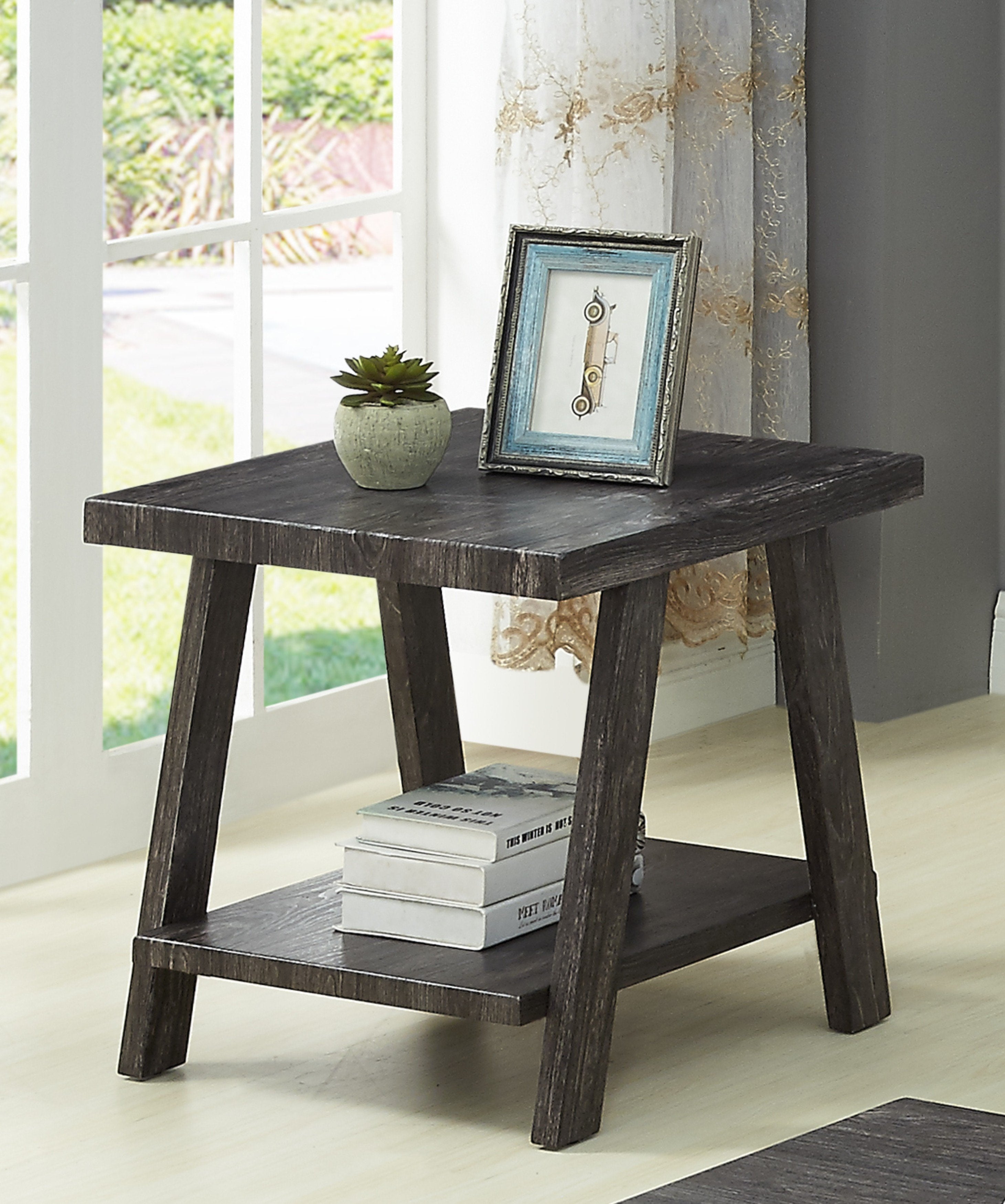 Roundhill Furniture Athens Contemporary Replicated Wood Shelf End Table - Charcoal Finish - Modern Living Room & Bedroom Accent Table for Home Decor
