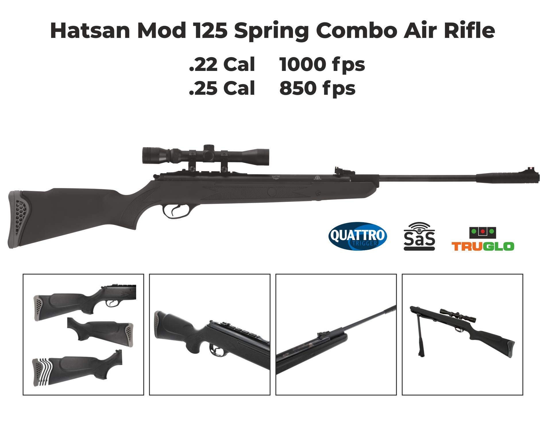 Hatsan Mod 125 Spring Combo Break Barrel Air Rifle with Scope | Wearable4U Paper Targets & Pellets Bundle | Hunting, Target Practice & Outdoor Shooting Sports