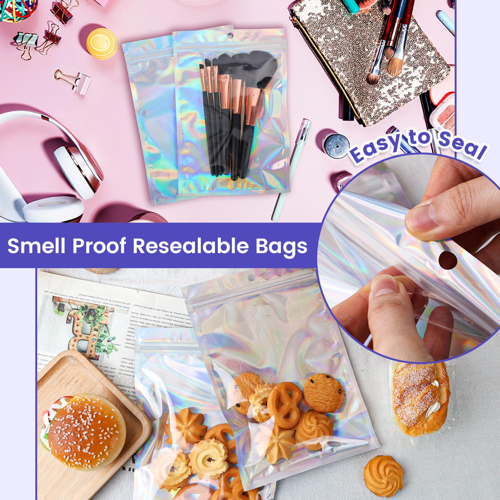 VGOODALL 15 Pack Holographic Mylar Bags 6x9 Inch - Resealable Smell Proof Food Storage Bags, Iridescent Party Favor Bags for Candy, Cookies, Snacks & Cannabis Storage - Perfect for Parties, Gifts & Home Organization