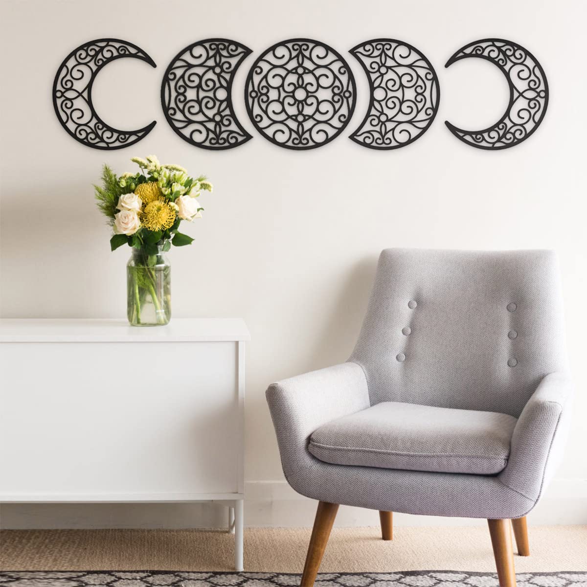 Bnesi 5Pcs Moon Phase Wall Decor - 12 Inch Spiritual Boho Bedroom Hanging Decorations for Home, Black | Perfect for Meditation Rooms, Yoga Spaces & Bohemian Home Decor