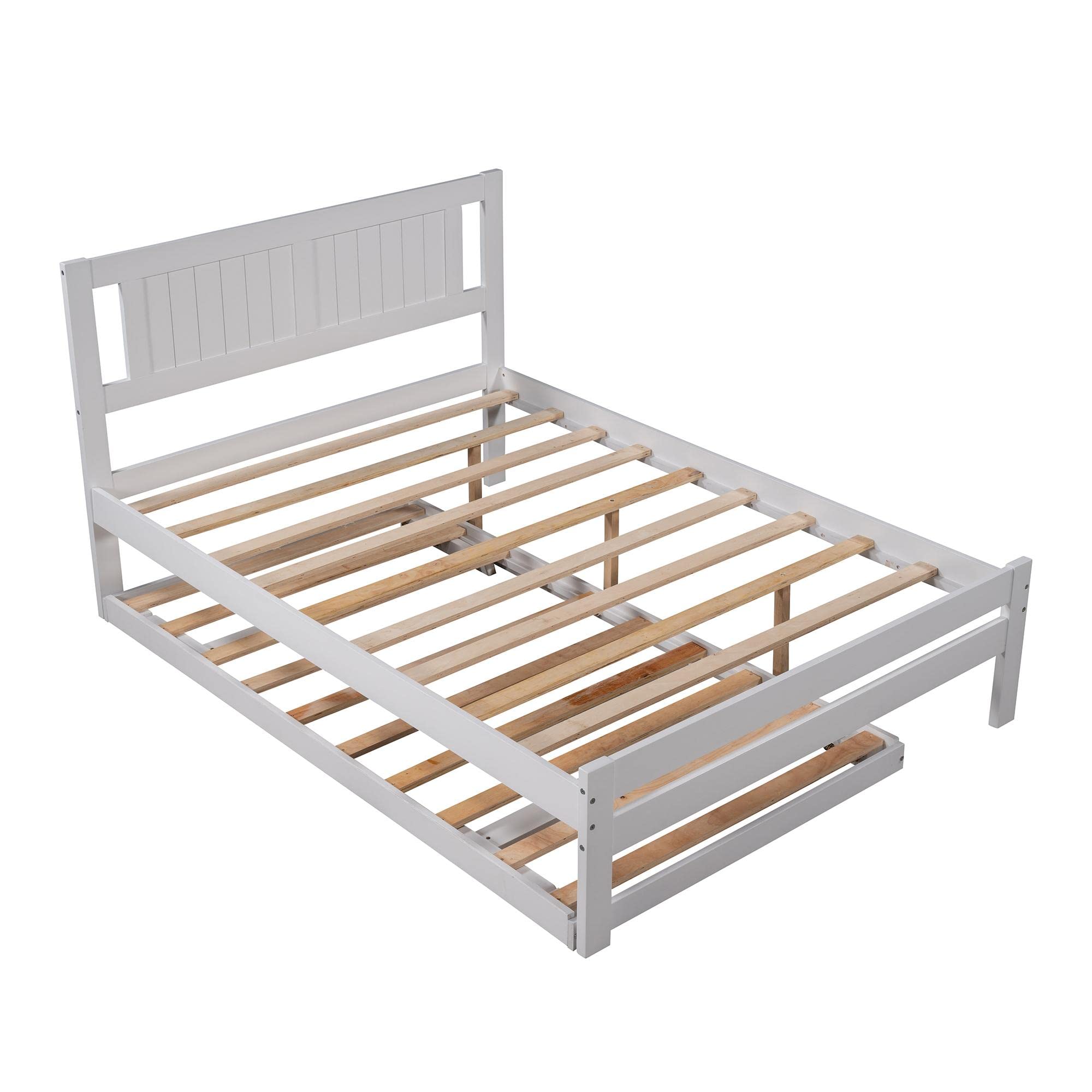JINS&VICO White Full Size Wooden Platform Bed with Headboard & Trundle Set - Wood Slat Support, Easy Assembly - Perfect for Guest Rooms, Kids' Bedrooms & Small Spaces