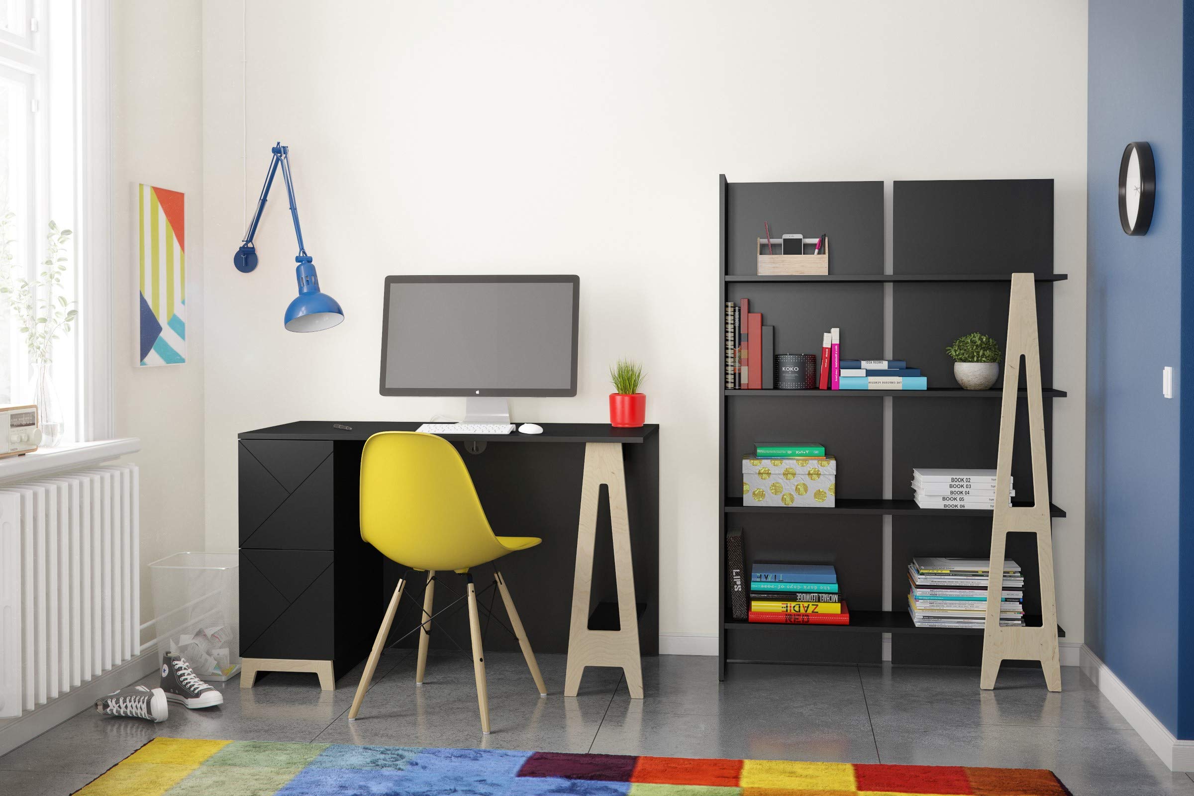 Nexera 608506 Modern Atypik Bookcase - Black & Birch Plywood Bookshelf for Home Office, Living Room, and Bedroom Storage