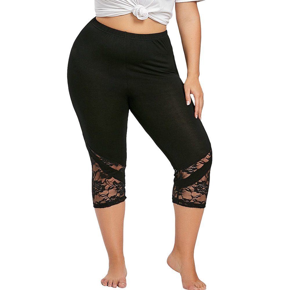 Plus Size Women's High Waisted Yoga Pants with Lace Hem - Soft Workout Leggings for Fitness, Running & Lounge Wear | Cropped Athletic Tights for Yoga, Gym & Casual Outfits