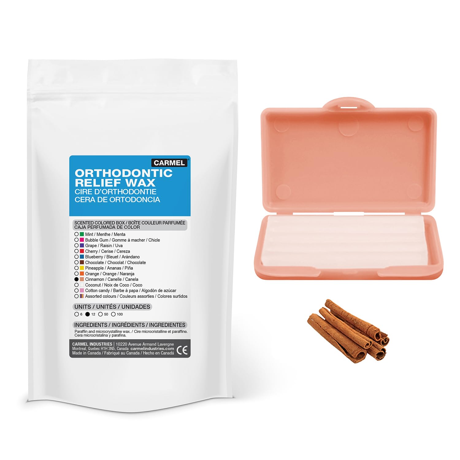 Carmel Orthodontic Relief Wax for Braces - Cinnamon Scented Dental Wax (Pack of 12) - Soothes Irritation from Dental Appliances & Damaged Teeth - Perfect for Orthodontic Patients & Daily Comfort