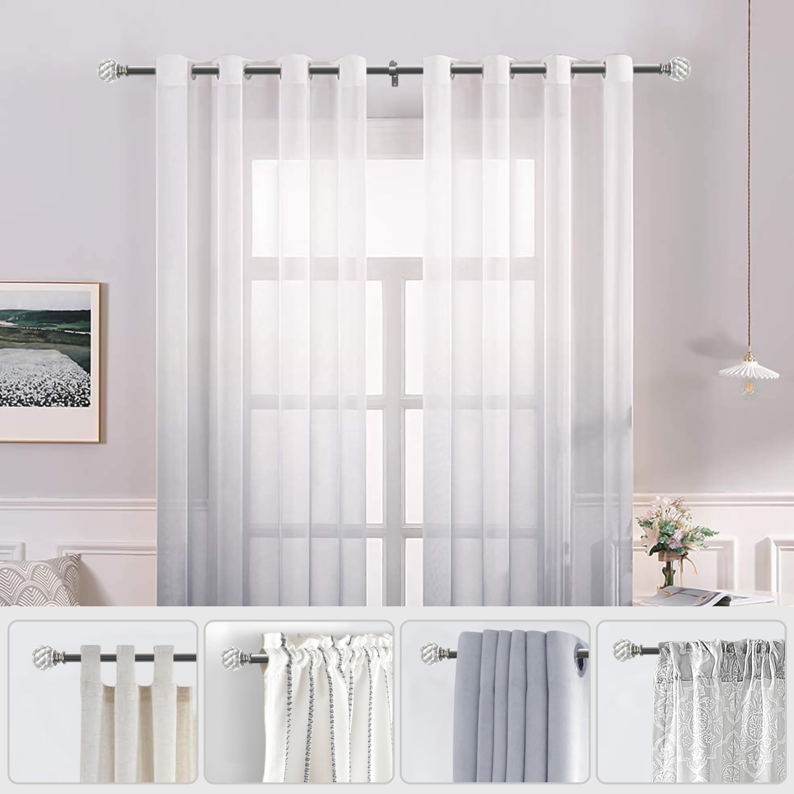 1 Inch Adjustable Window Curtain Rod 36-72 Inches with Crystal Diamond Ball Finials - Single Rod for Living Room, Bedroom, Dorm (Antique Nickel Finish) - Perfect for Sheer & Lightweight Curtains