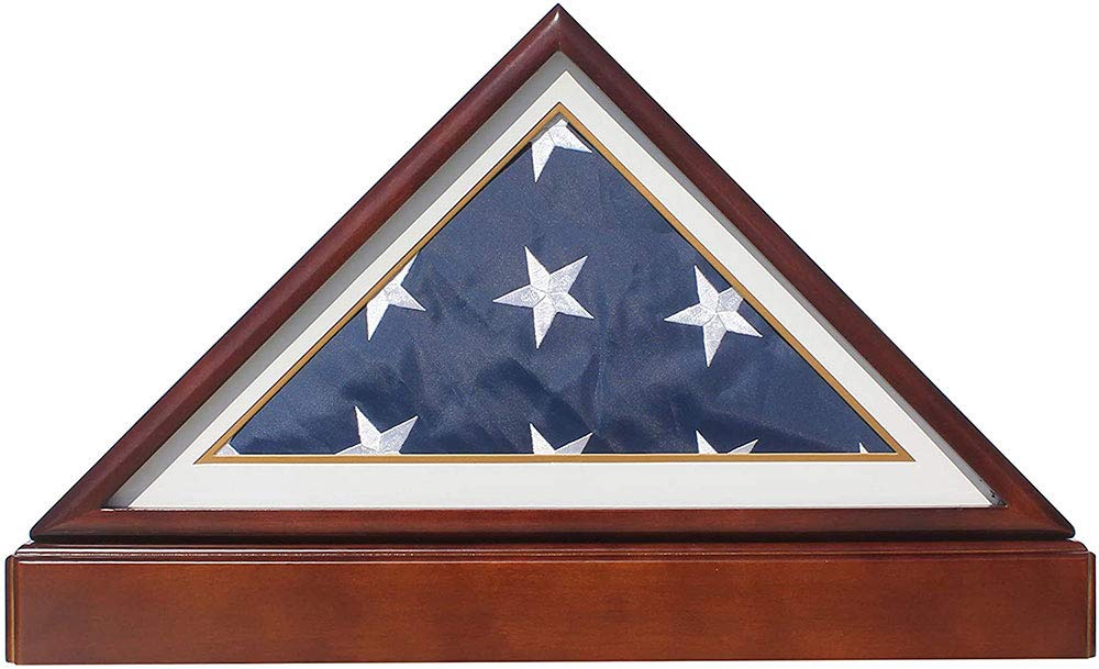 Military Shadow Box Display Case for Burial & Funeral Flags - Premium Wooden Frame with Navy White Mat & Pedestal Stand - Perfect for Honoring Veterans, Memorials & Home Decor