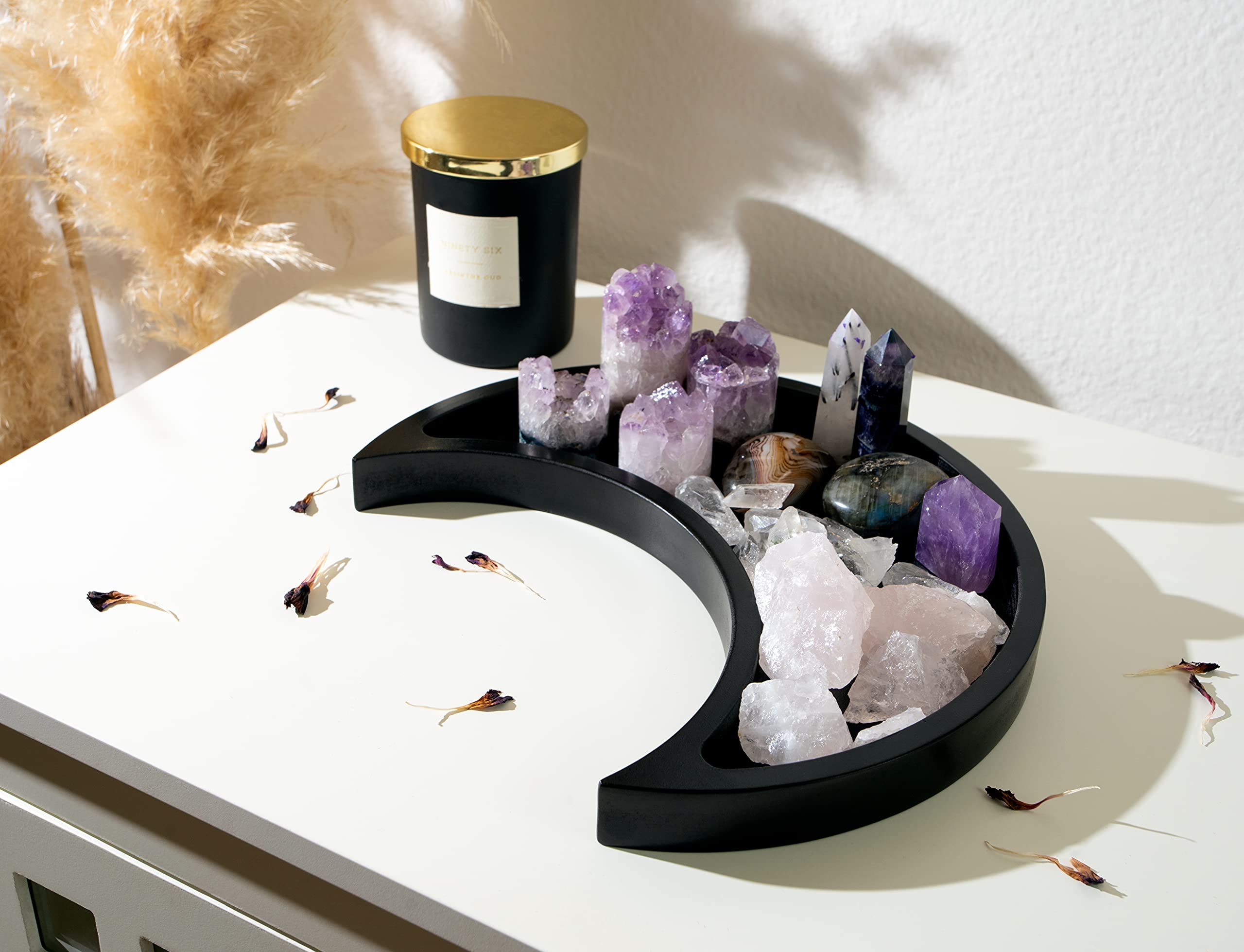 Moon Tray Crystal Holder Display - Black Wooden Crystal Organizer for Healing Stones, Jewelry & Essential Oils - Gothic Witchy Coffin Decor for Spiritual Altar, Bedroom & Meditation Space