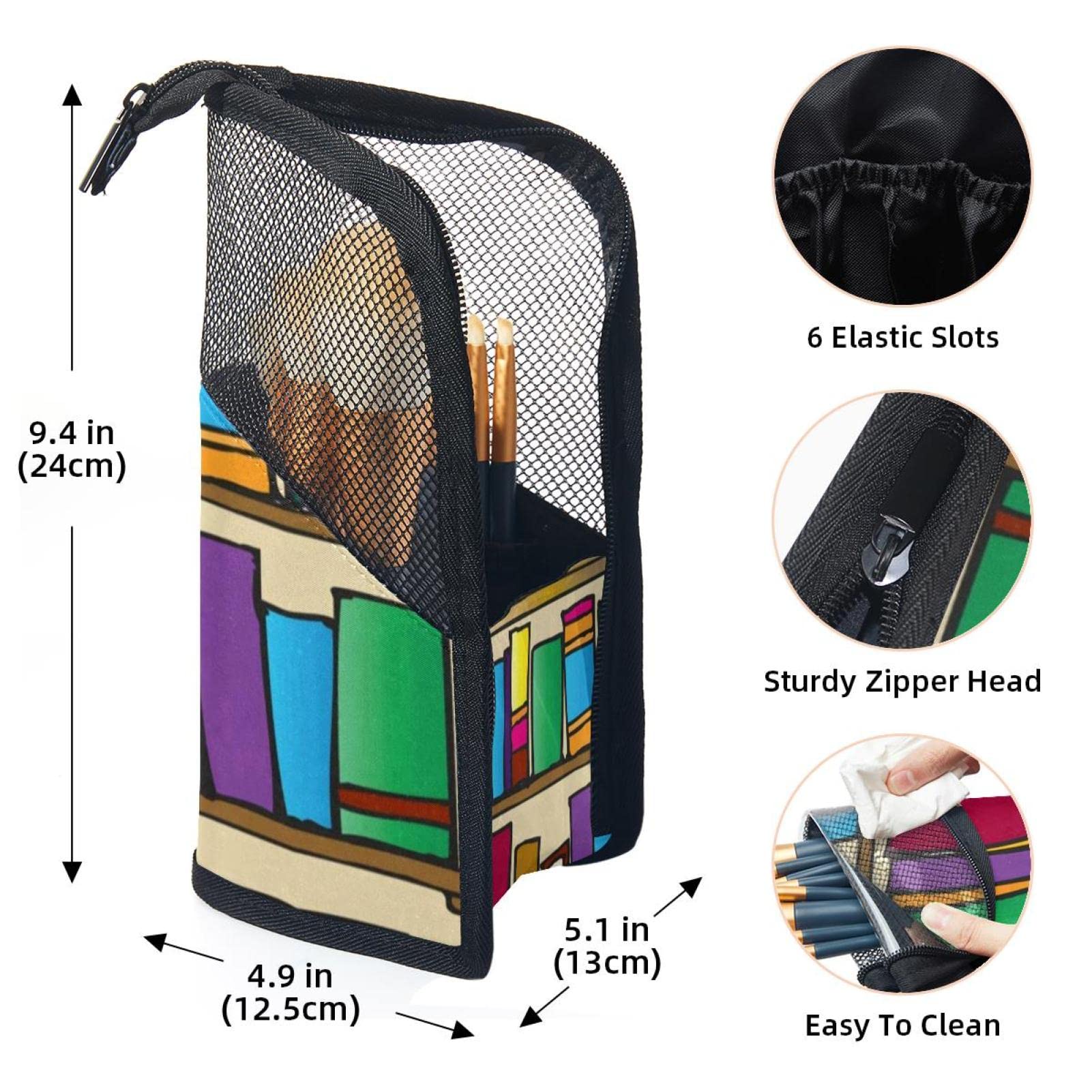 Portable Makeup Brush Organizer Bag with 12 Slots - Cartoon Bookshelf Design Makeup Brush Holder Case for Travel & Home Vanity Organization