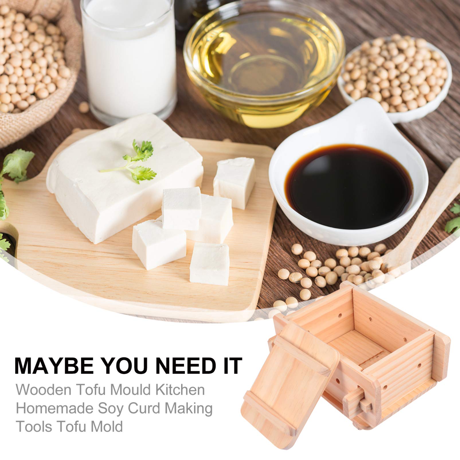 DOITOOL Wooden Tofu Press & Cheese Press - Manual Feta, Soybean Curds, Goat Cheese, Paneer & Vegan Nut Cheese Maker (22.5x19.5x10.5cm) for Home Kitchen, DIY Cheese Making & Healthy Vegan Cooking