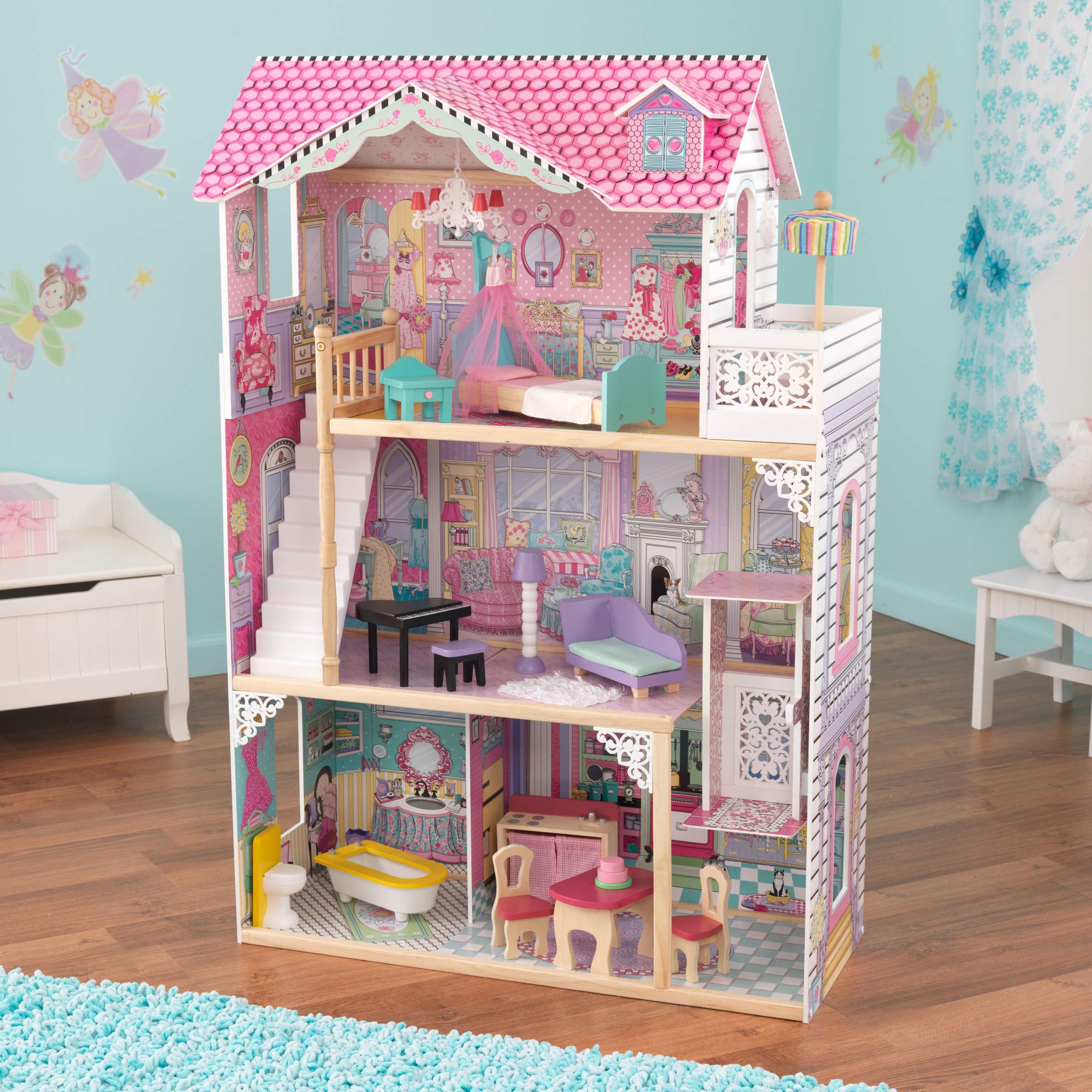 KidKraft Annabelle Wooden Dollhouse with Elevator & Balcony - 17-Piece Accessory Set | Perfect Gift for Girls Ages 3+ | Pretend Play, Imaginative Play, Nursery Decor