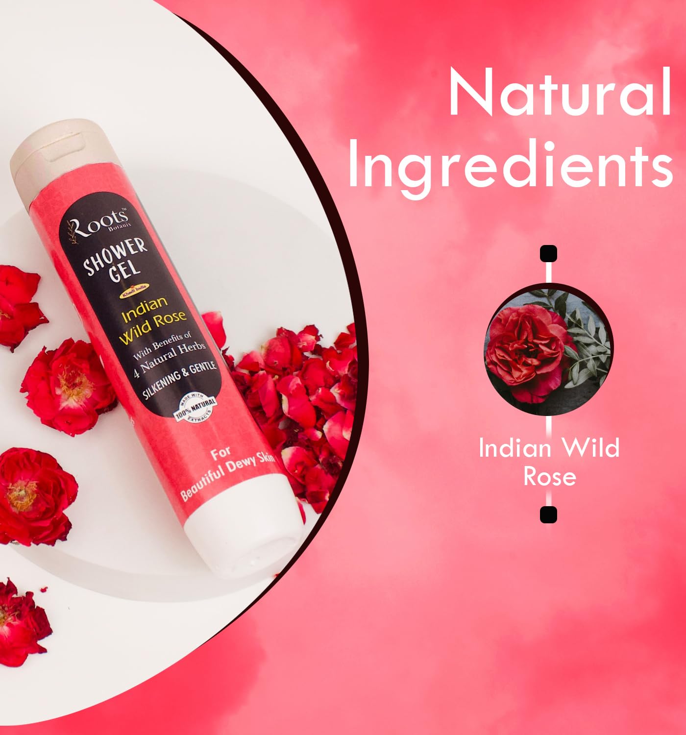 Roots Botanix Natural Indian Wild Rose Bath & Shower Gel with Herbs | 200ml Body Wash for Soft Skin | Perfect for Relaxing Baths & Spa Days