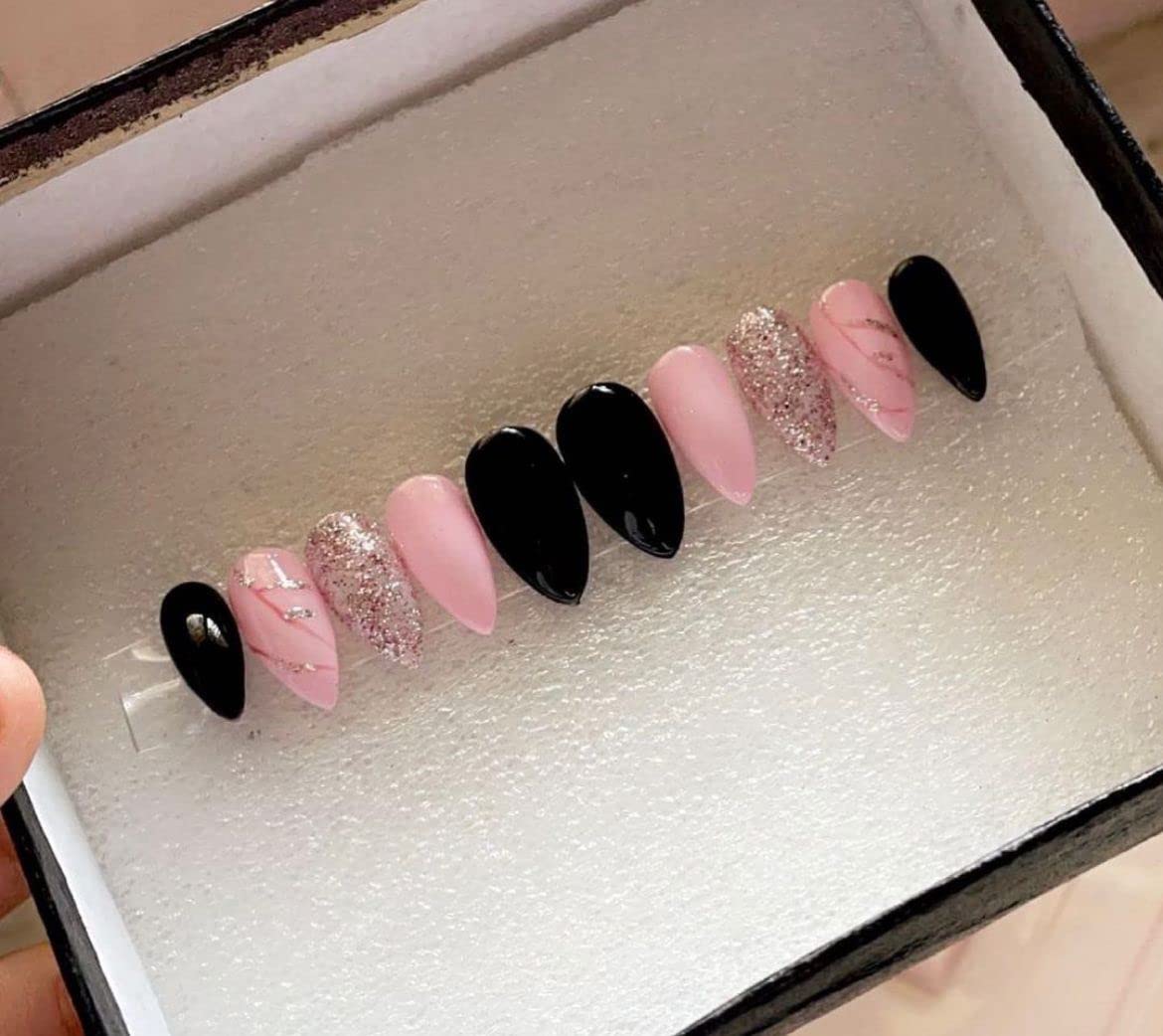AMOK STORE Press On Nails for Women - 6 Pairs Fake Nails with Glue, French Tip & Glitter Design, Reusable False Nails for Nail Extension & Salon Quality Manicure - Perfect for Parties, Weddings, Date Nights & Special Occasions