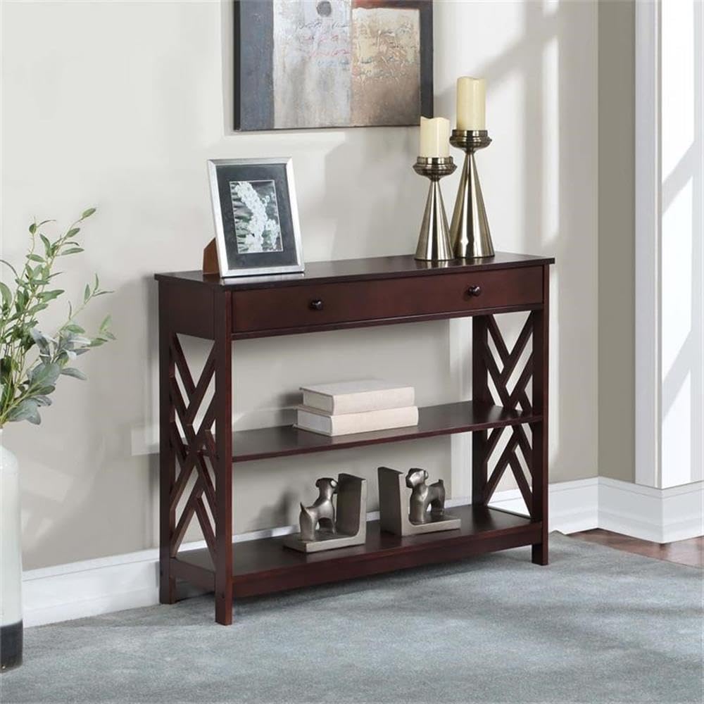 Convenience Concepts Titan 1-Drawer Console Table with Shelves - Brown Wooden Entryway Sofa Table for Living Room, Hallway & Small Spaces