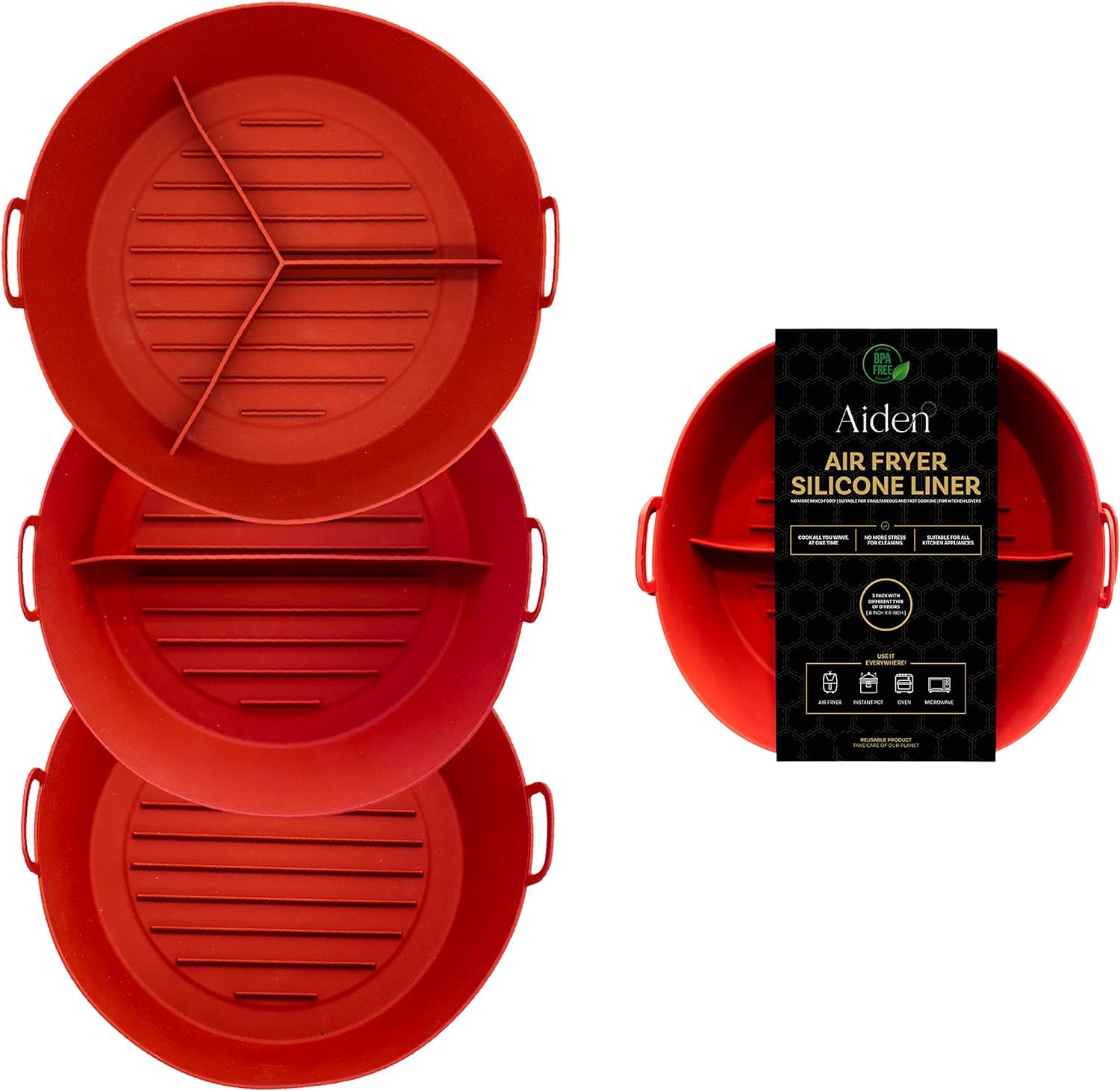 AIDEN - 3 Pack Reusable Silicone Air Fryer Liners with Food Dividers (8 Inch) | BPA-Free, Heat Resistant & Non-Stick | Oven, Microwave & Dishwasher Safe | Perfect for Air Frying, Baking & Meal Prep