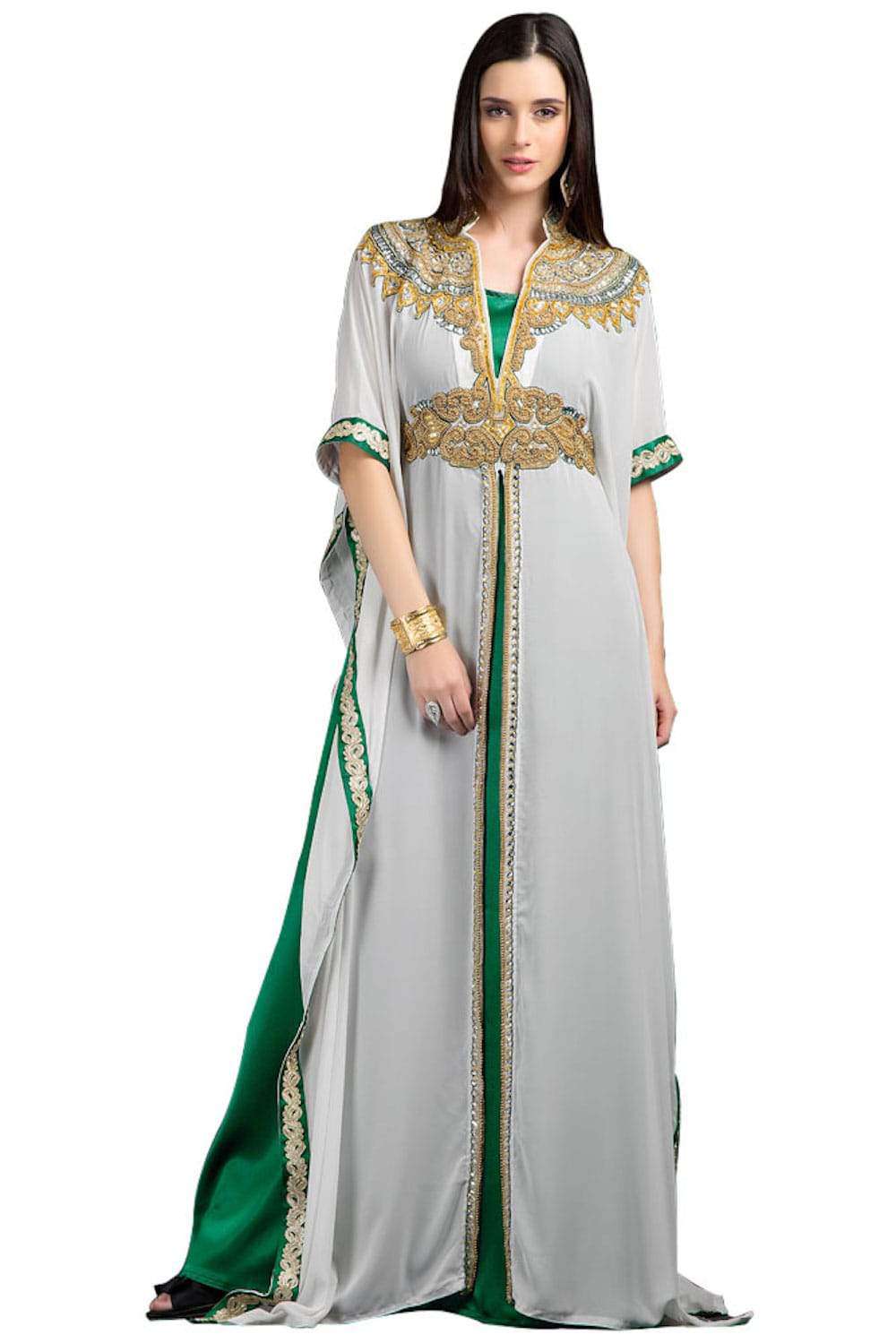 Elegant Green and White Long Dress with Hand Embroidery - Perfect for Weddings, Parties, and Special Occasions