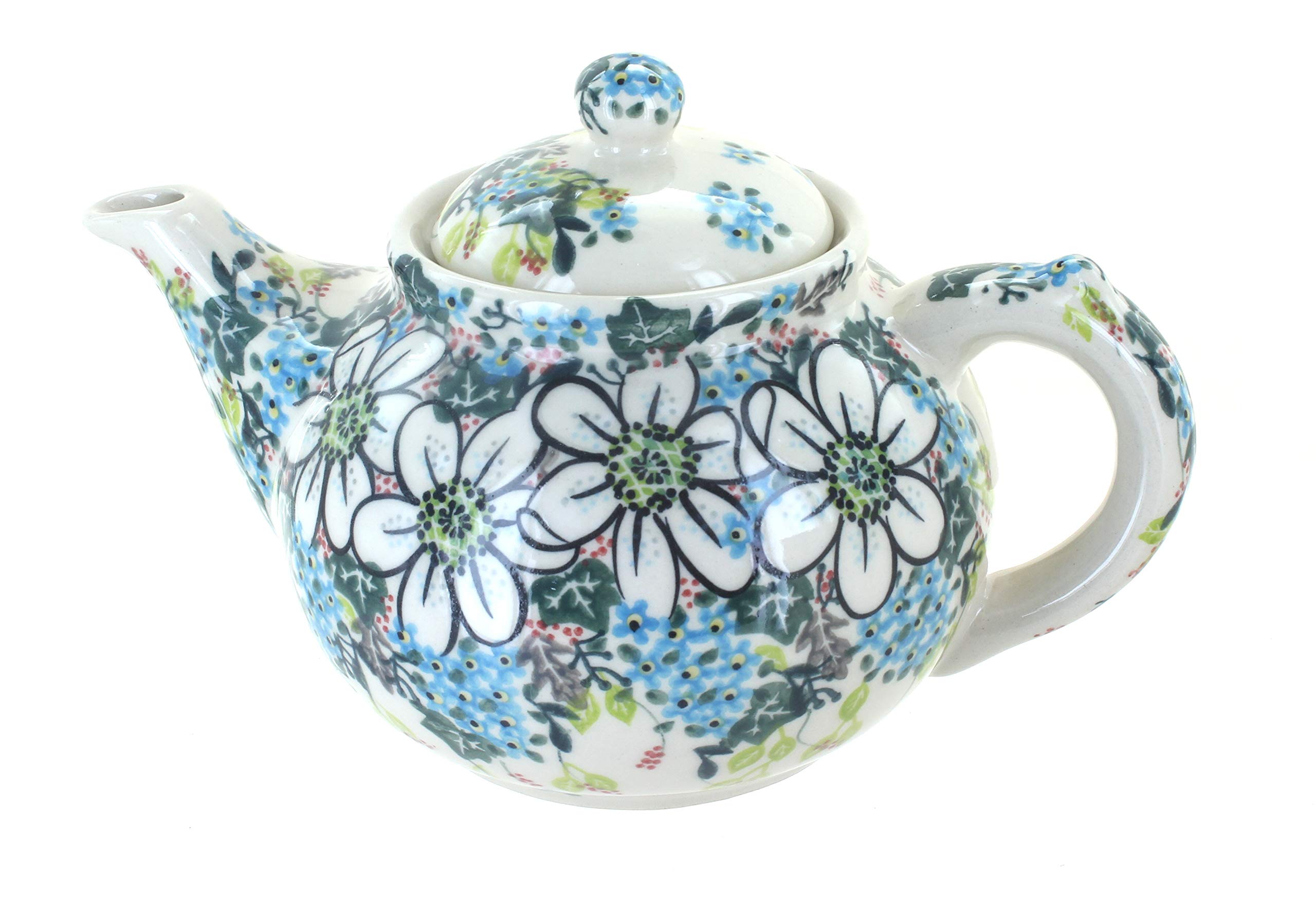 Hand-Painted Blue Rose Polish Pottery Ariel Teapot - 16oz Ceramic Teapot with Infuser for Loose Leaf Tea - Perfect for Afternoon Tea, Gifts & Home Decor
