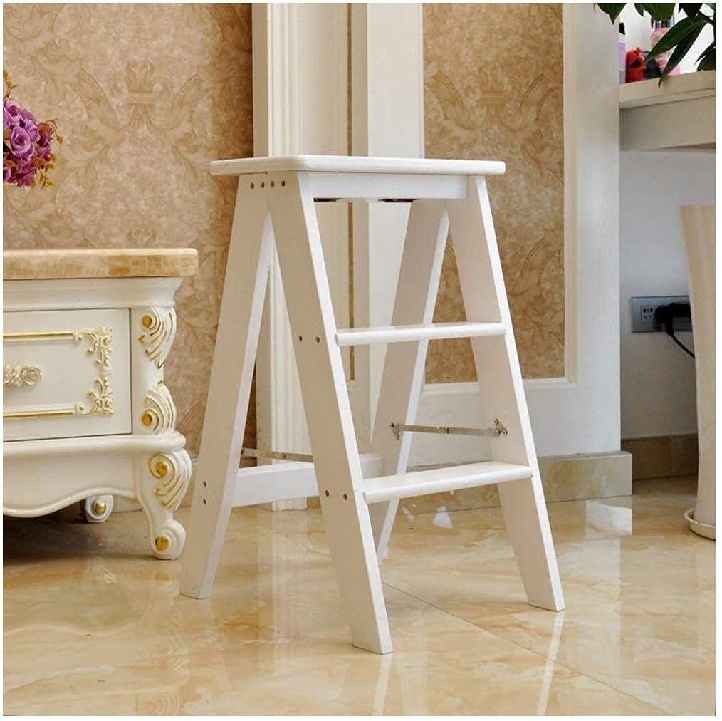 AYVADA Solid Wood Folding Step Stool for Home, Kitchen, and Bathroom - Multifunctional Indoor Ladder Stool with Non-Slip Feet (White) - Perfect for Reaching High Shelves, Kids' Step Stool, and Bathroom Use