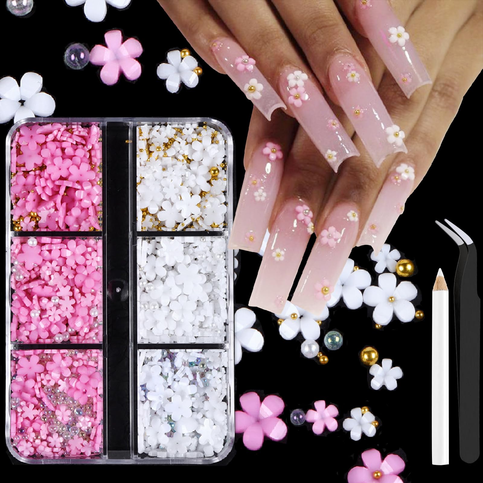 3D Flower Nail Art Charms - White & Pink Acrylic Nail Decor with Gold Silver Pearls & Rhinestones | Spring Blossom Gems for DIY Nail Designs | Perfect for Women's Nail Art, Bridal Nails, and Spring Manicures