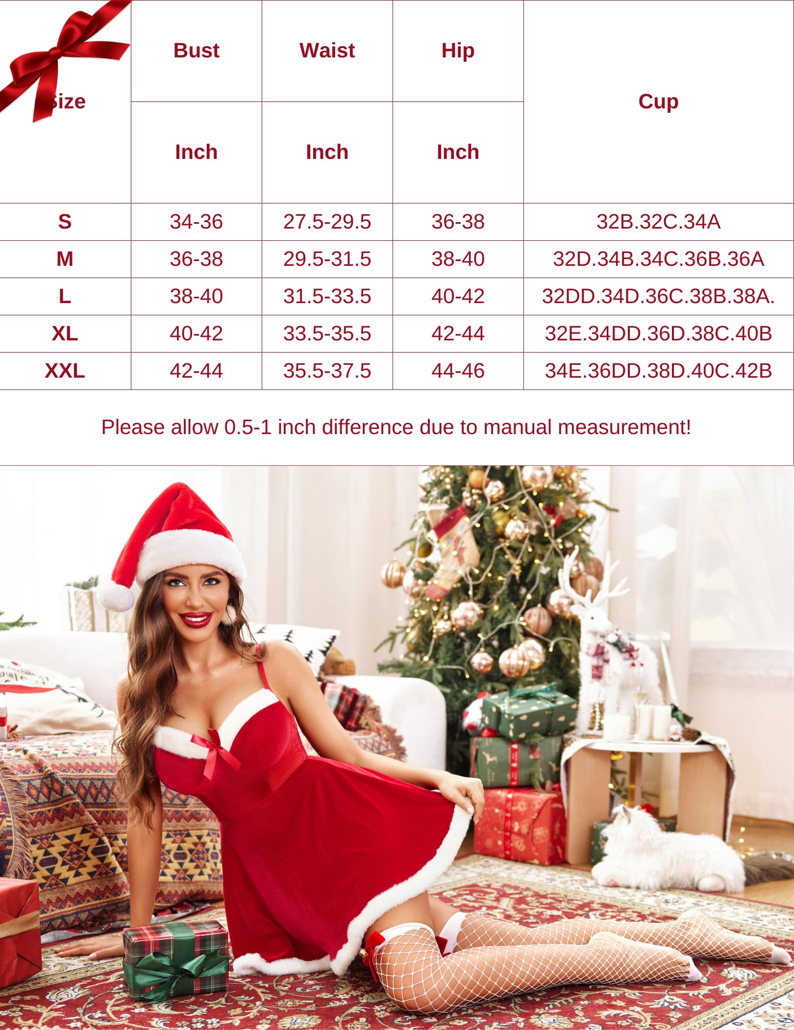 Avidlove Sexy Christmas Lingerie for Women - Santa Babydoll Chemise with Lace & Velvet Holiday Outfit | Perfect for Christmas Parties, Romantic Nights & Festive Boudoir Photography