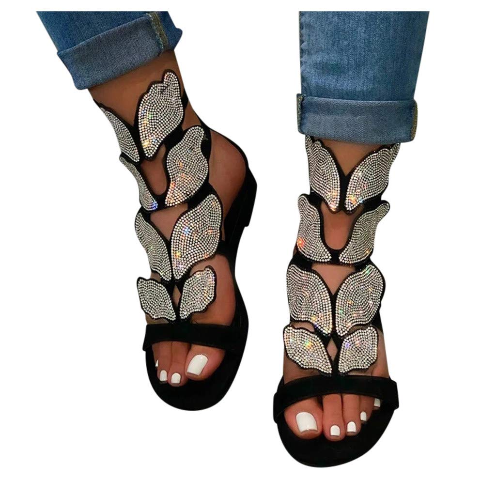 Women's Glitter Sandals - Shiny Crystal Butterfly Flat Sandals with Rhinestone Straps & Ankle Wrap | Perfect for Summer, Beach, Parties & Casual Outings