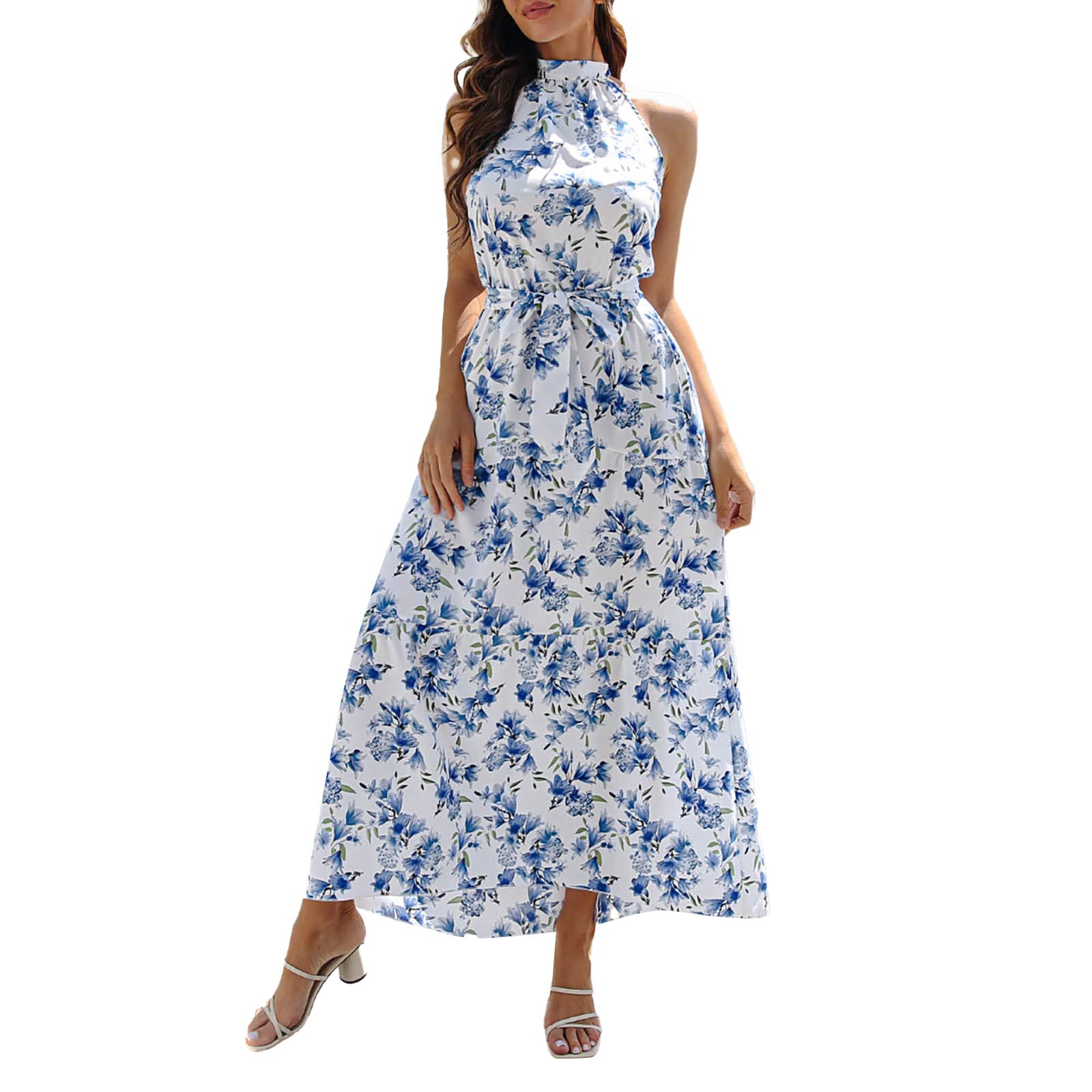 Women's White Midi Dress - Casual Halter Neck Sleeveless Floral Maxi Dress with Backless Design & Ruffle Details | Perfect for Beach Vacation, Summer Party, and Boho Chic Outfits