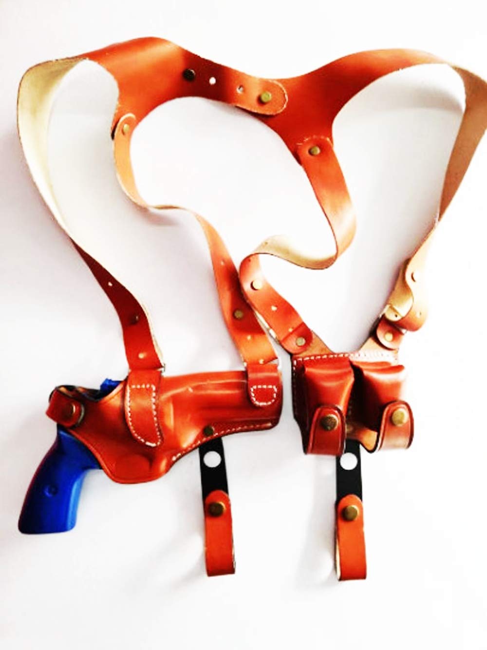 Genuine Leather Shoulder Holster for S&W Model 686 357 Magnum 6 Shot Revolver - Right Hand Carry - Horizontal Position with Double Magazine Pouch - Available in Brown & Black - Perfect for Concealed Carry & Outdoor Shooting