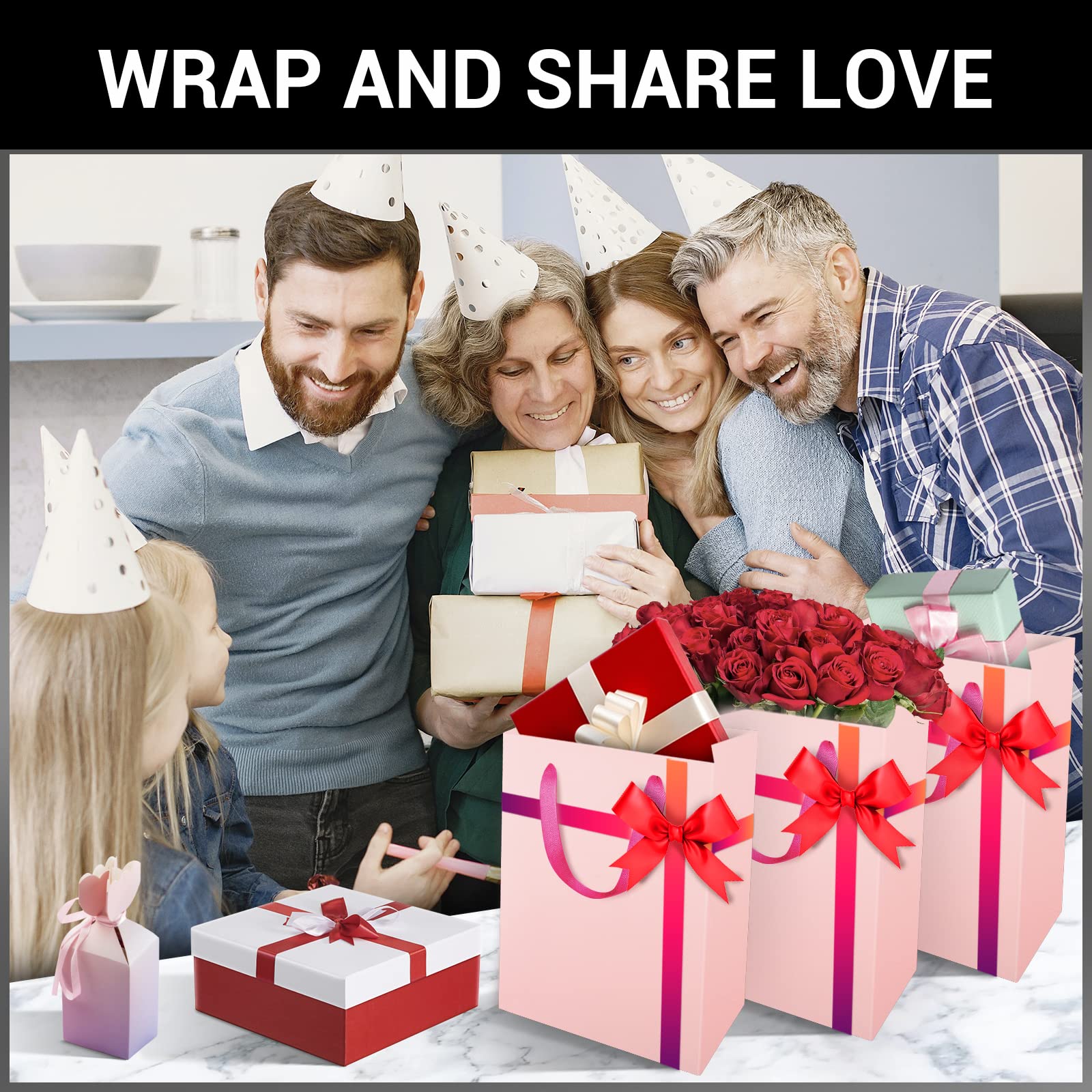 EUSOAR 20pcs Pink Kraft Gift Bags with Handles, 7.8x3.9x11 Inches - Thick & Sturdy Paper Shopping Bags for Merchandise Wrapping, Boutique Business, Conference Celebrations - Perfect for Birthday Presents, Wedding Favors, and Retail Packaging