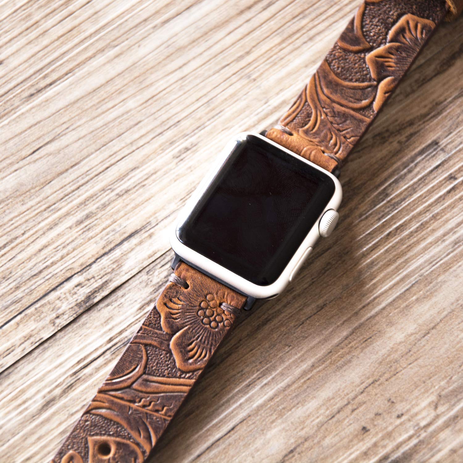 Personalized Western Floral Engraved Leather Watch Band - Compatible with Apple Watch 38mm/40mm/41mm/42mm/44mm/45mm - Custom Distressed Brown Leather Strap for iWatch Series 8/7/6/5/4/3/2/1 - Unique Women's Gift for Everyday Wear & Special Occasions