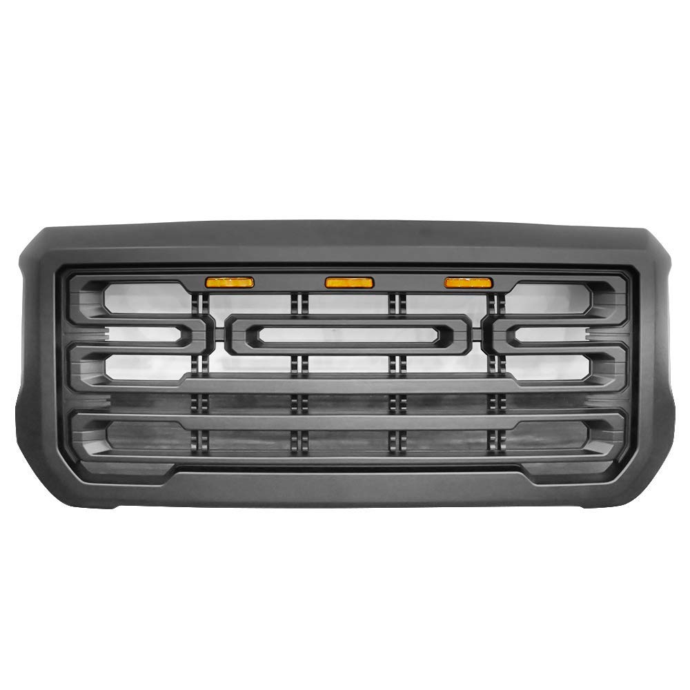IKON MOTORSPORTS Matte Black ABS Front Grille for 2015-2019 GMC Sierra 2500/3500 | Bumper Hood Upper Shell Guard with LED Signal Lights | Off-Road & Daily Driving Upgrade