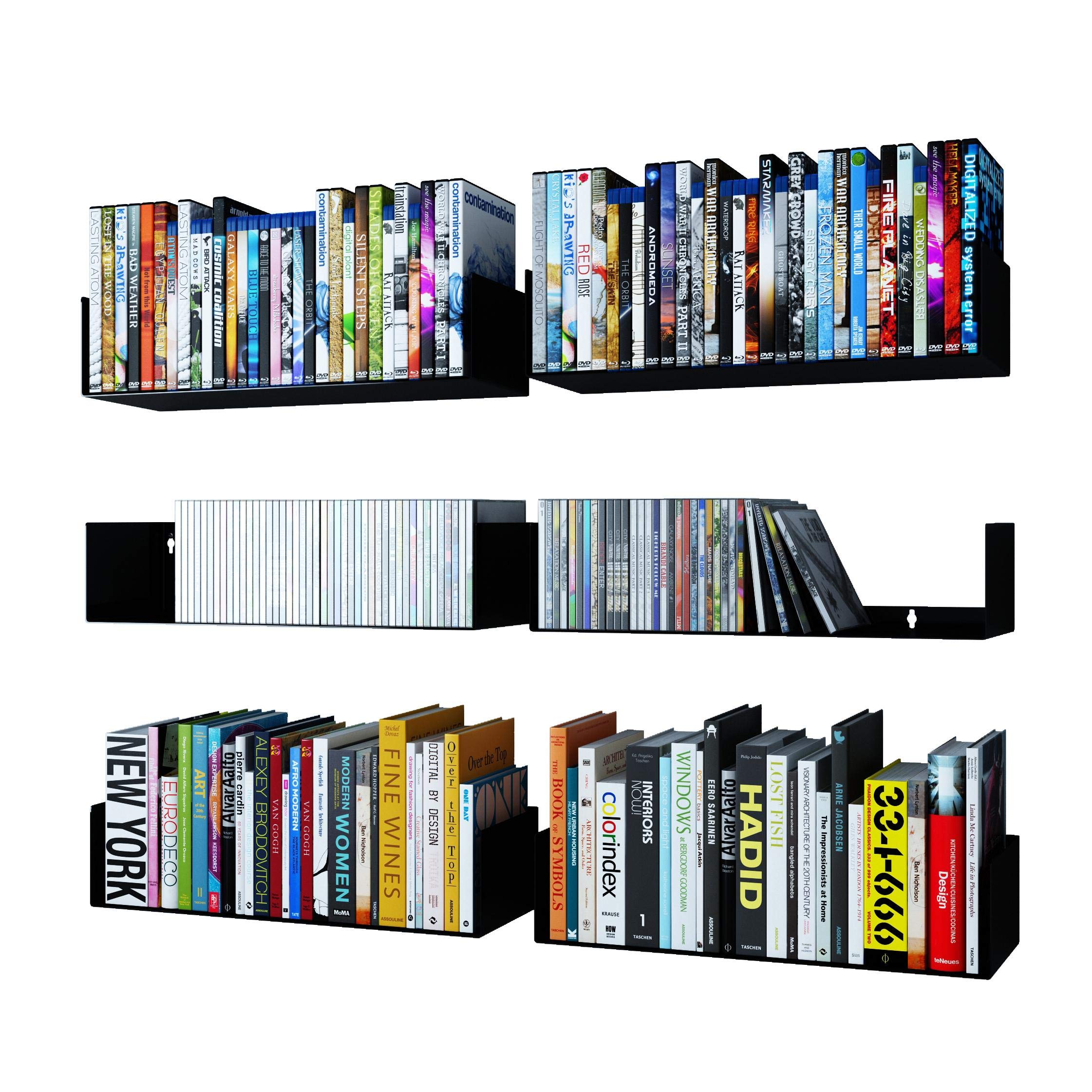 Wallniture Bali Black U-Shaped Floating Shelves - Set of 6 Wall-Mounted Shelves for Books, DVDs, CDs & Home Decor | Perfect for Living Room, Bedroom & Office Organization