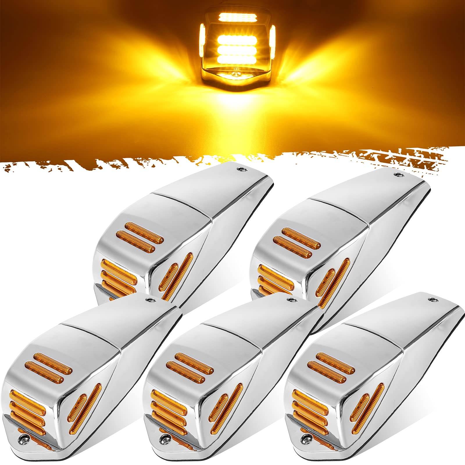 Partsam 5Pcs Amber LED Square Cab Marker Lights - 48 LED Flat Line Replacement for Kenworth, Peterbilt & Freightliner Trucks - Durable Chrome Plastic Housing - Perfect for Night Driving & Enhanced Vehicle Visibility