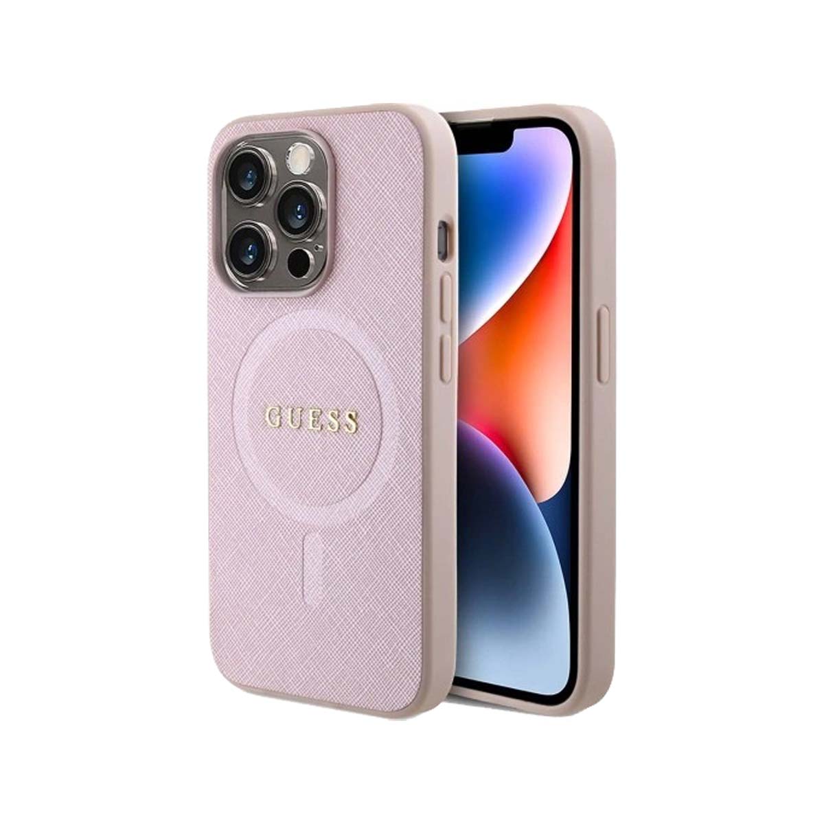 Guess Saffiano Leather MagSafe Phone Case for iPhone 15 Pro - Pink | Slim Protective Cover with Magnetic Alignment | Perfect for Work, Travel & Everyday Use