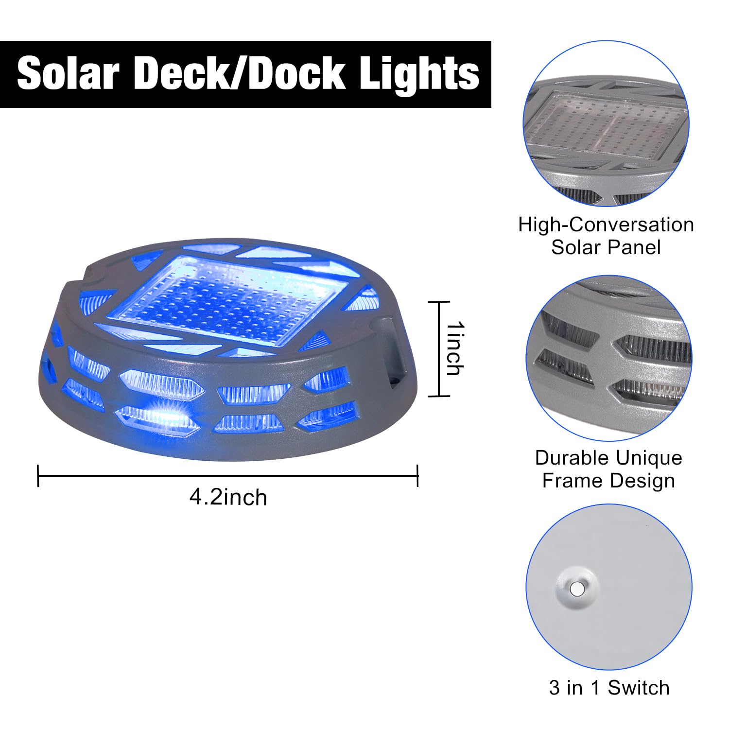 Solar Deck Lights Outdoor - 3 Lighting Modes (Warm/Bright White & Blue), IP67 Waterproof LED Pathway Markers for Driveway, Sidewalk, Garden, Yard & Dock - Perfect for Nighttime Safety and Landscape Lighting