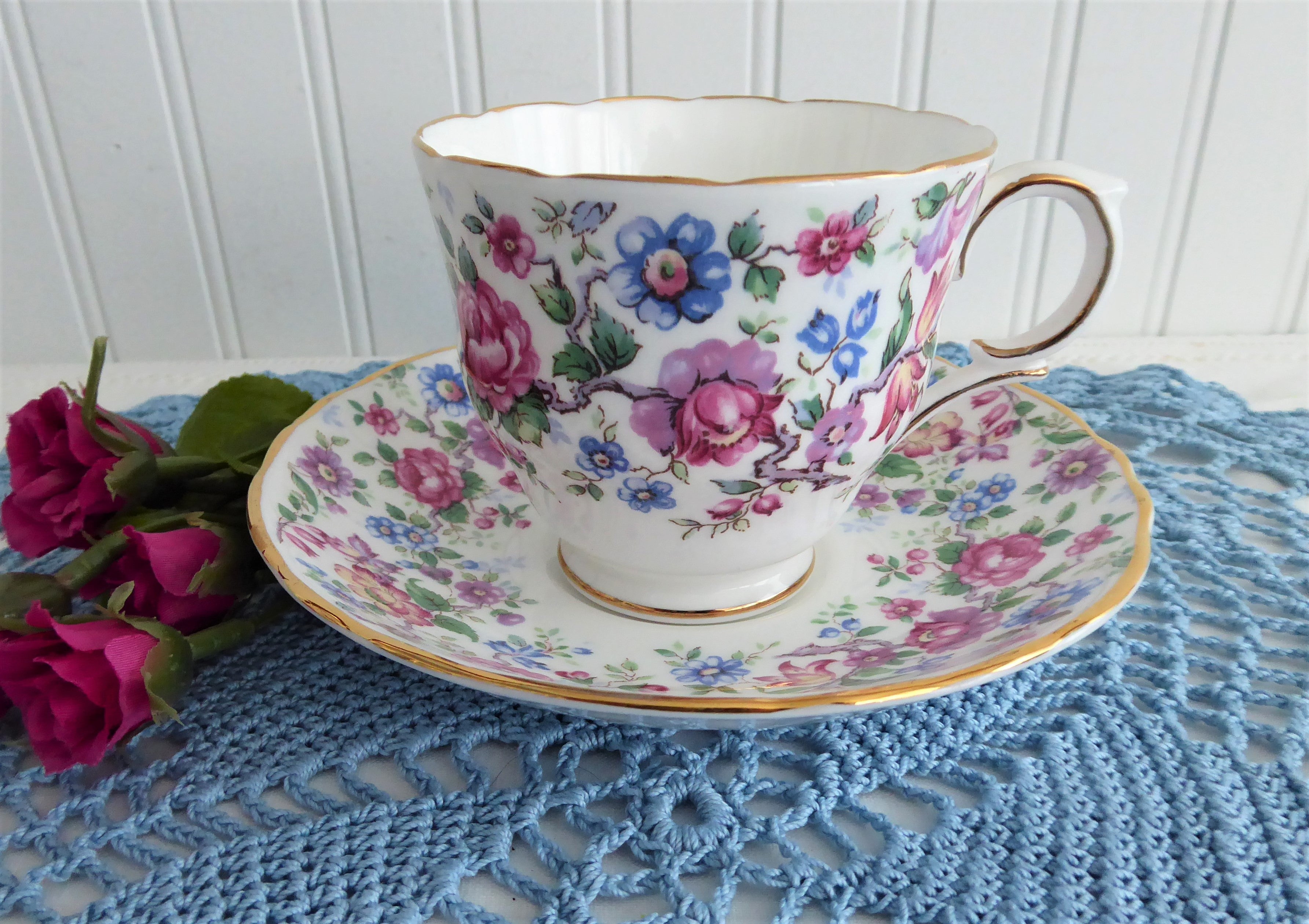Vintage Royal Victoria English Bone China Cup and Saucer Set with Chintz Floral Border - 1980s Collectible Tea Set for Afternoon Tea, Bridal Shower, or Victorian Style Home Decor