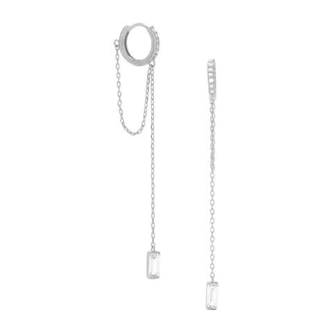 Sterling Silver CZ Hoop Earrings with Chain Drop - Elegant Dangle Earrings for Women | Perfect for Parties, Weddings & Everyday Wear