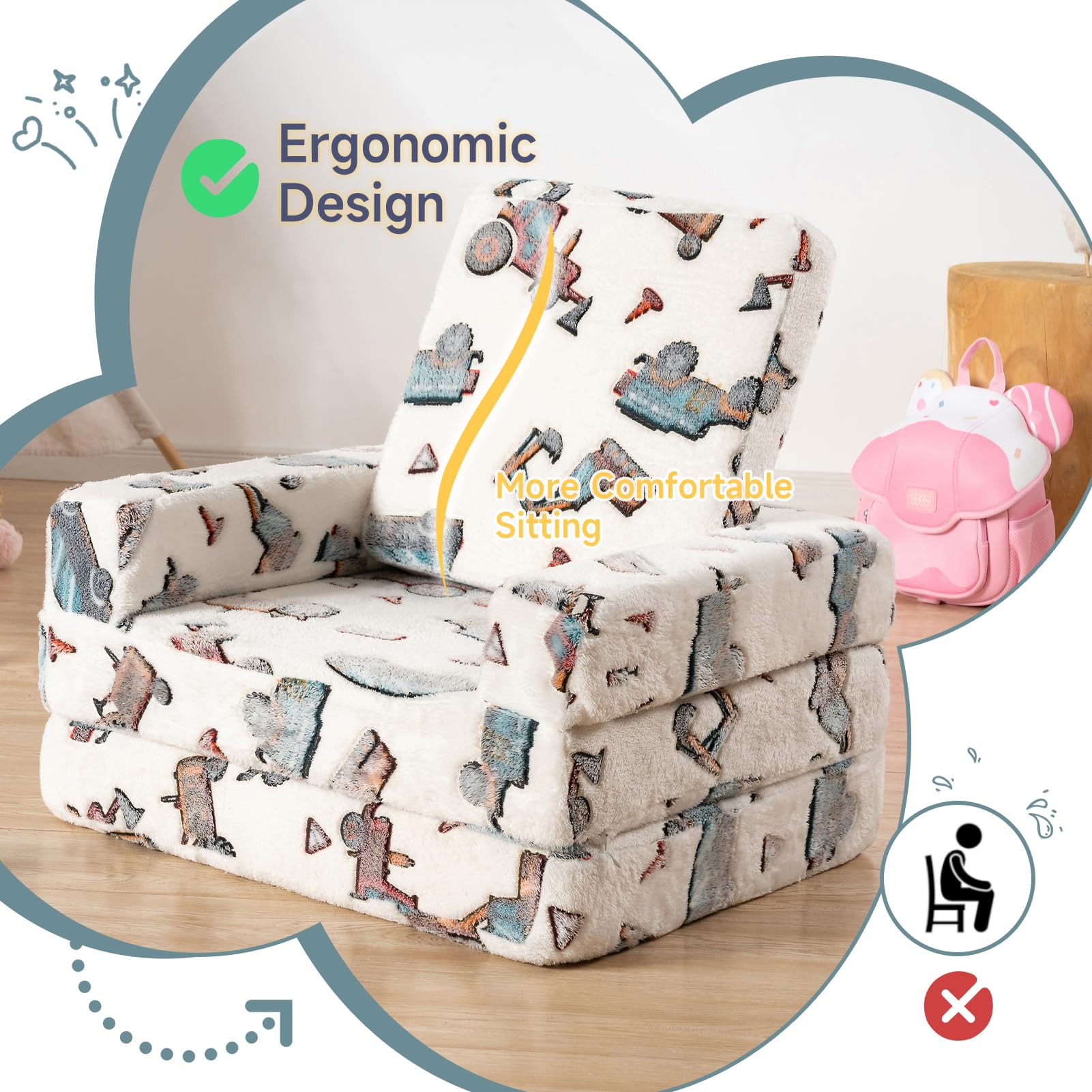 MAXYOYO 2-in-1 Toddler Couch & Kids Folding Sofa - Glow in The Dark Children's Furniture with White Car Design - Perfect Gift for Boys & Girls - Ideal for Playroom, Bedroom or Nursery Decor