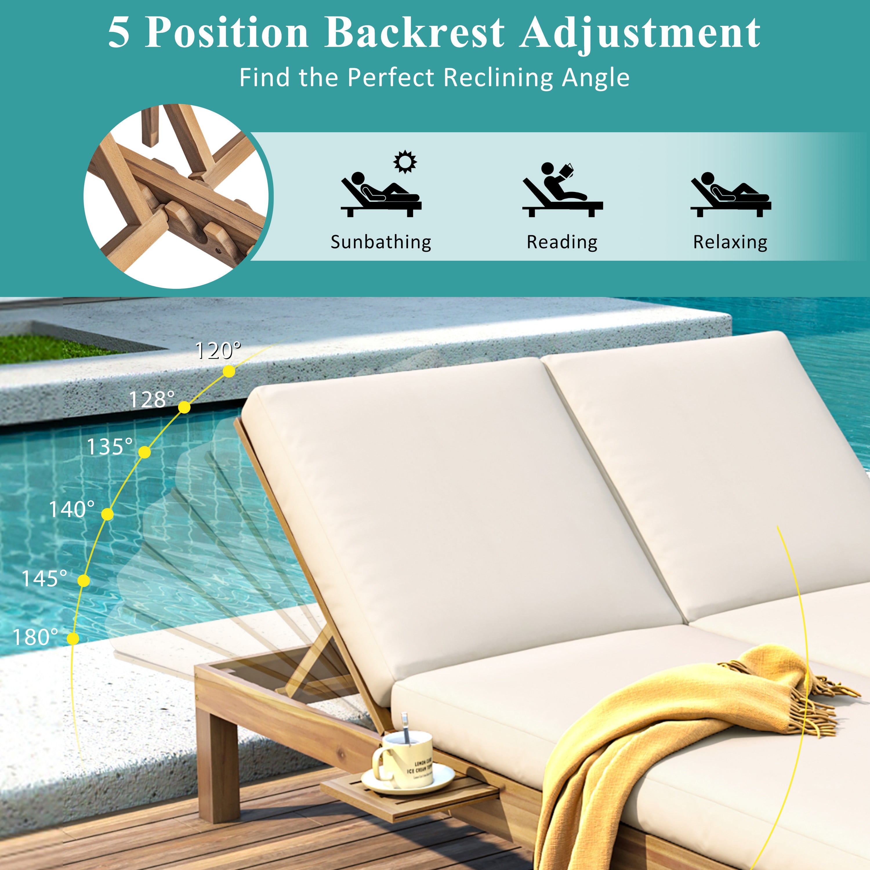 5-Position Adjustable Backrest Outdoor Chaise Lounge Daybed with Cushion & Folding Side Trays - Patio Poolside Garden Furniture for 2 People - Perfect for Sunbathing, Relaxing by the Pool or Backyard Lounging