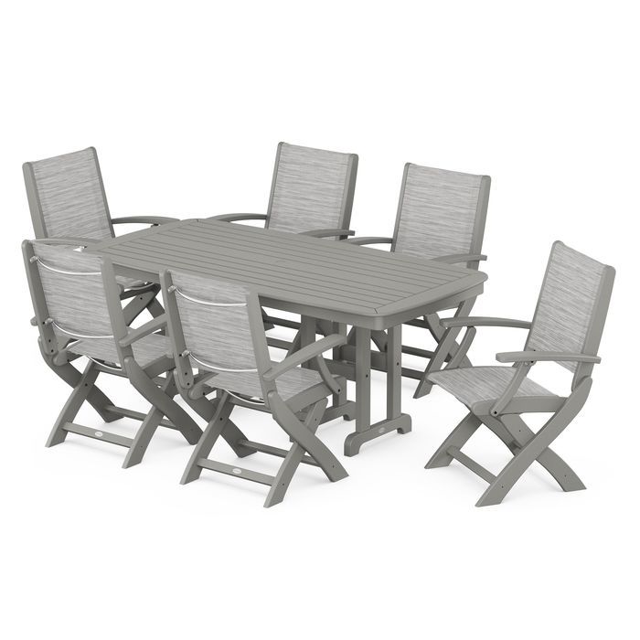 POLYWOOD Coastal Folding Arm Chair 7-Piece Outdoor Dining Set - Perfect for Patio, Deck, Poolside & Beachfront Entertaining