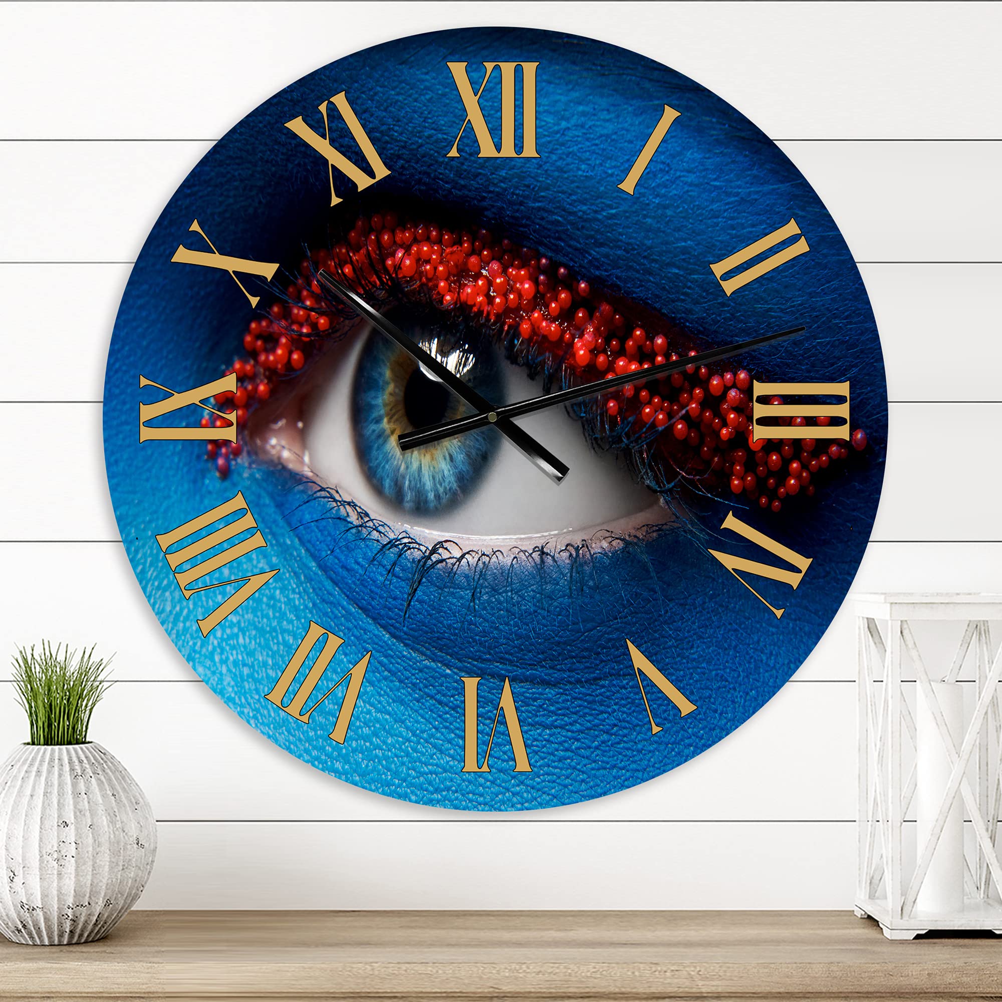 Modern Large Wall Clock - Female Eye with Blue Paint & Red Balls - Stylish Office Decor for Home & Workspace - Perfect for Living Room, Bedroom, or Office Wall Art