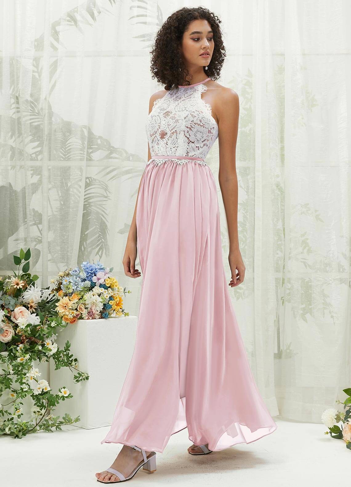 Elegant Blush Pink Lace Halter Neck Backless Chiffon Bridesmaid Dress with High Slit - Perfect for Weddings, Formal Events & Special Occasions