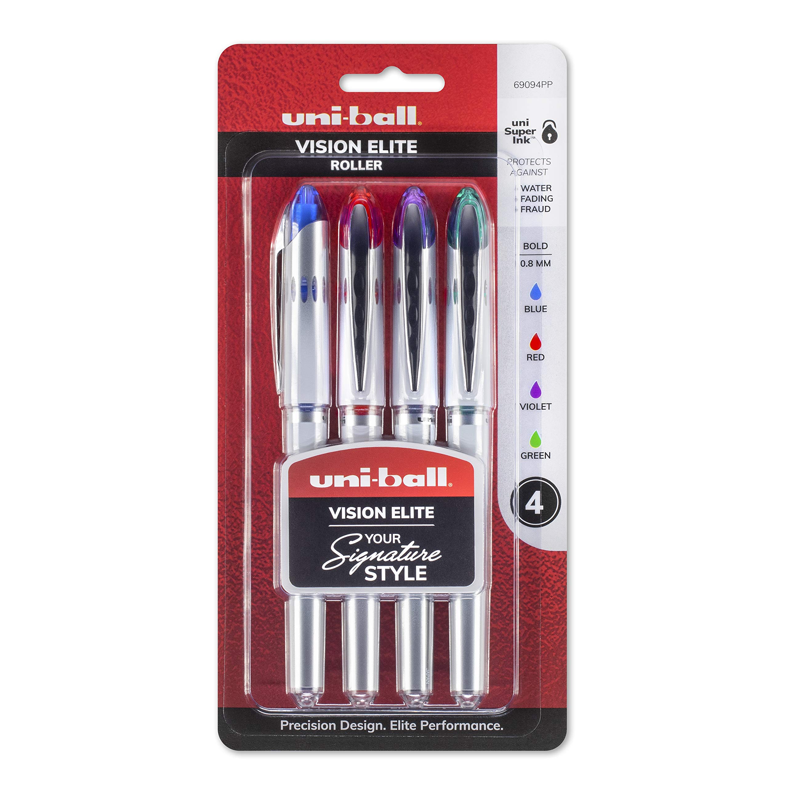 Uni-ball Vision Elite Rollerball Pens - Bold 0.8mm Tip, 4-Pack Assorted Colors - Smooth Writing for Office, School & Creative Projects
