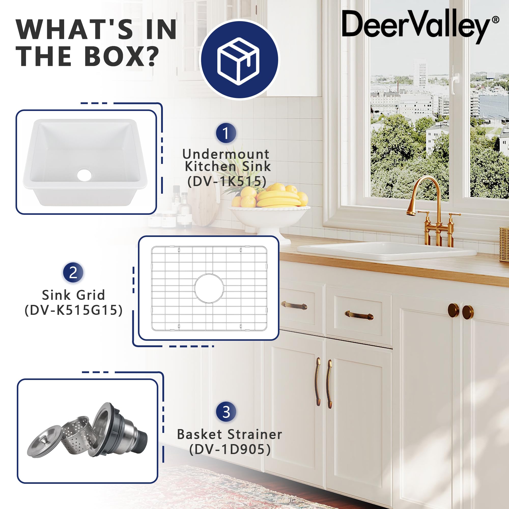 Premium White Fireclay Undermount Kitchen Sink - DeerValley Single Bowl Workstation Sink with Sink Grid & Basket Strainer (24.02