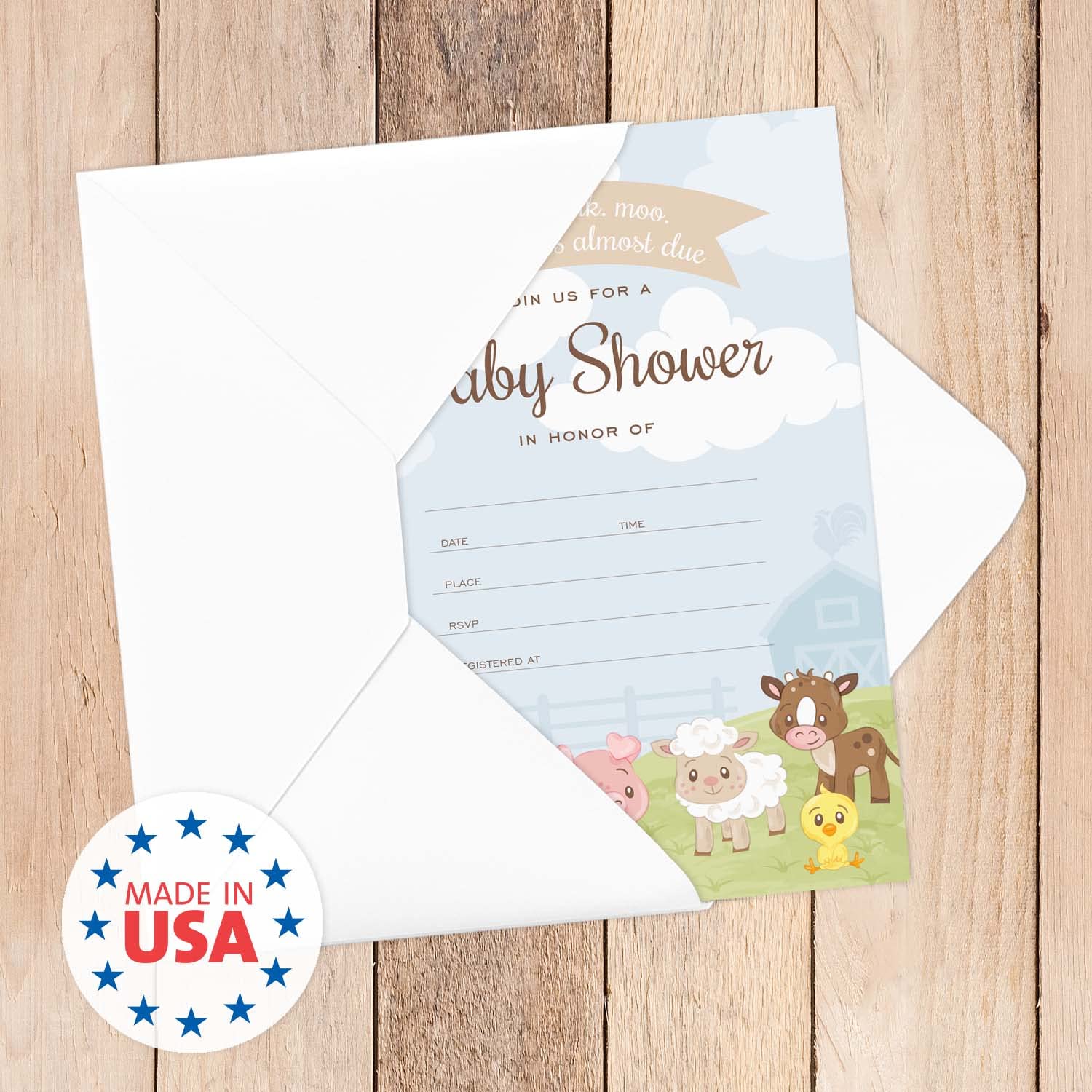 Barnyard Baby Shower Invitations - 25 Gender Neutral Farm Animal Cards with White Envelopes, 5