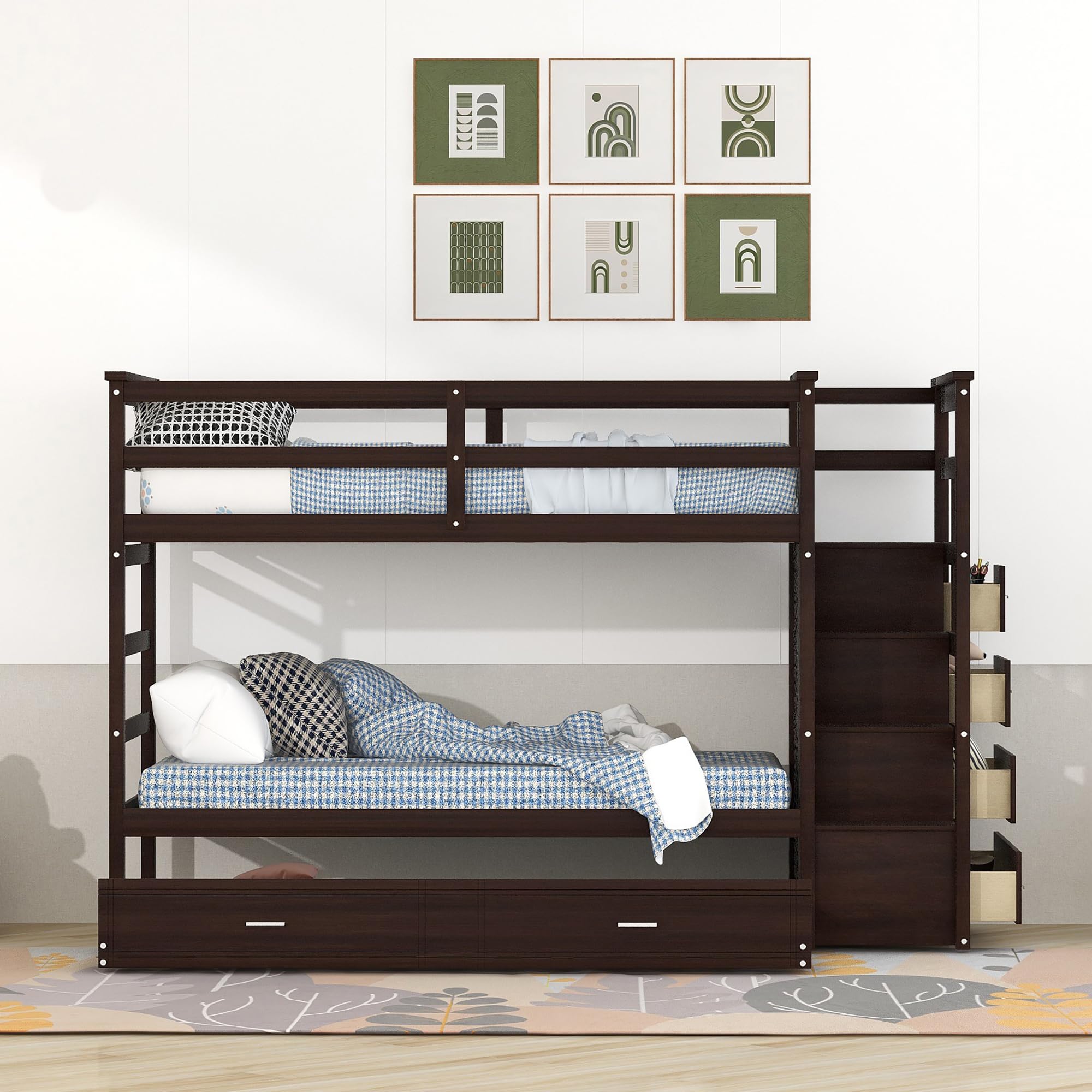 Twin Over Twin Bunk Beds with Trundle and Stairs - Wooden Bunk Bed Frame with 4 Storage Drawers for Kids, Boys, Girls & Teens - Espresso Finish - Perfect for Small Bedrooms, Guest Rooms & Vacation Homes