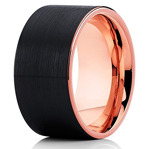 Rose Gold Tungsten Wedding Band for Men & Women - 12mm Comfort Fit Ring, 18k Rose Gold Plated, Black Tungsten Engagement & Anniversary Ring - Perfect for Couples, Proposals & Special Occasions