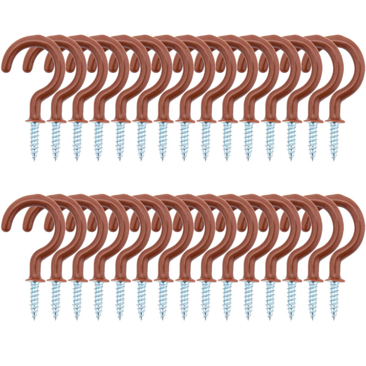 30pcs 2'' Heavy Duty Vinyl Coated Screw Hooks - Ceiling & Wall Hooks for Towels, Mugs, Cups, Home & Office Storage Organization - Durable Brown Metal Hooks for Kitchen, Bathroom, Garage & Closet