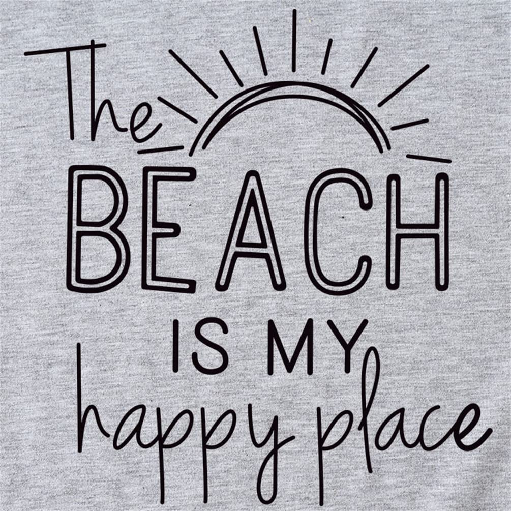 Funny Beach Quote T-Shirt for Women - 'The Beach is My Happy Place' Graphic Tee | Summer Vacation Shirts, Cute Casual Tops for Beach Outings & Relaxation